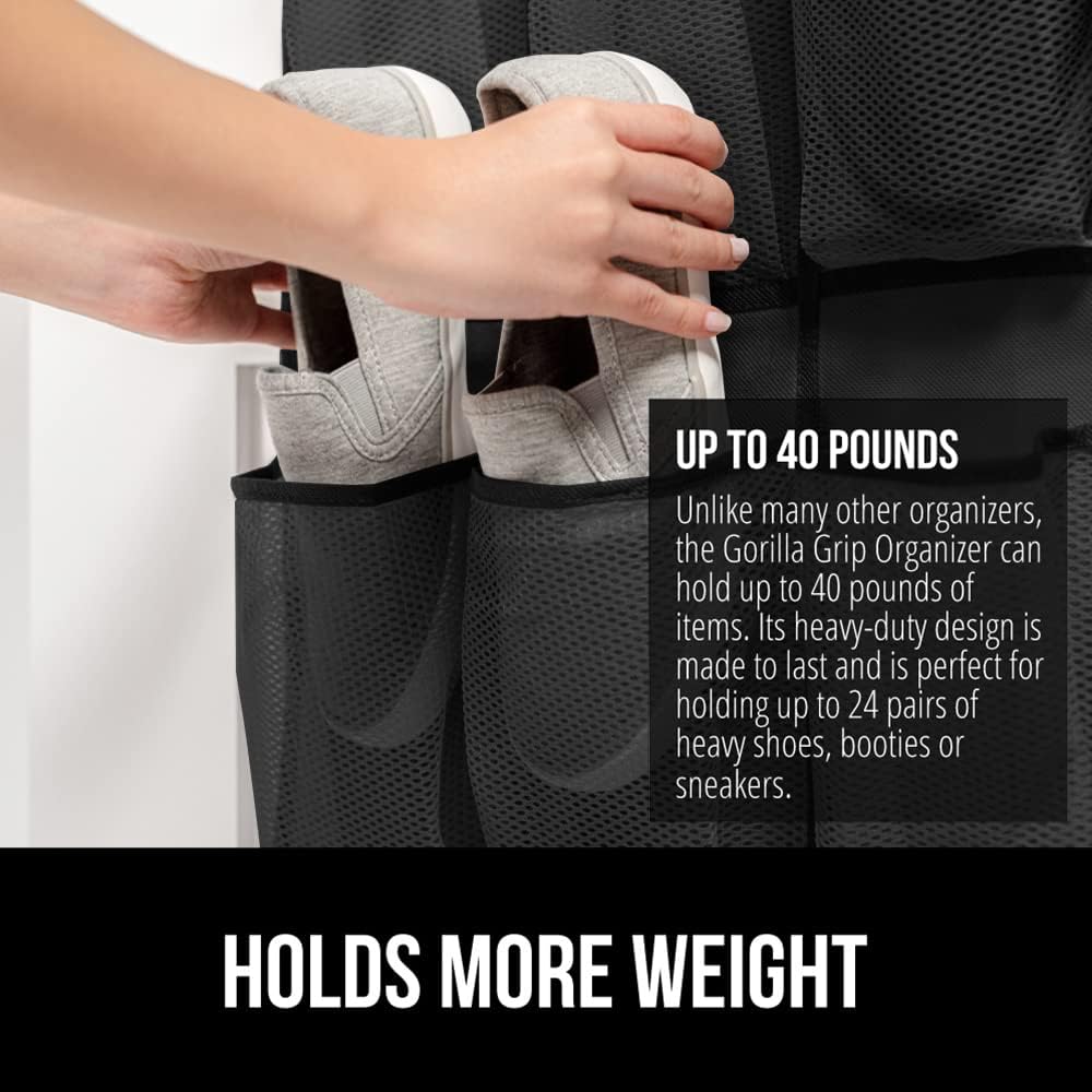 GORILLA GRIP Over the Door Shoe Organizer, 35 Large Breathable Mesh Pockets, Space Saving Hanging Storage Holder, 5 Hook Closet Rack Hanger, Hangs on Closets for Shoes, Accessories 68.5H x 24.5W Black