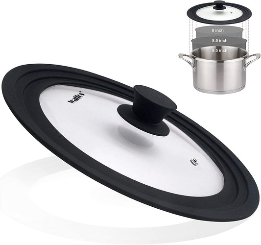 Universal Lid for Pots, Pans and Skillets - Tempered Glass with Heat Resistant Silicone Rim, Fits 8", 9" and 9.5" Diameter Cookware