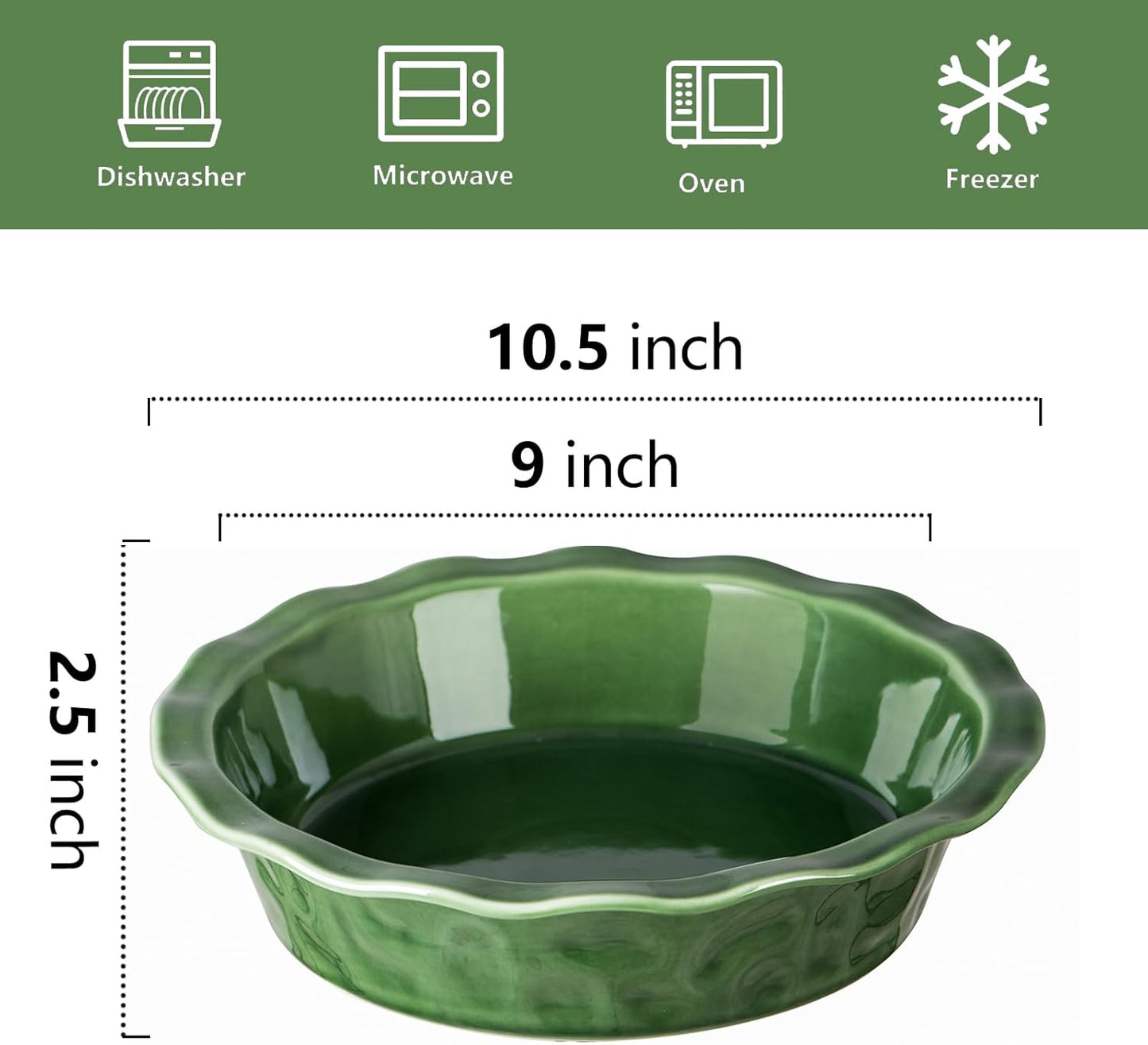 Vicrays Ceramic Pie Pan - 9 Inch Round Fluted and Deep Pie Dish for Tart Pizza Quiche Pot Pies Cake - Reactive Glaze (Green)