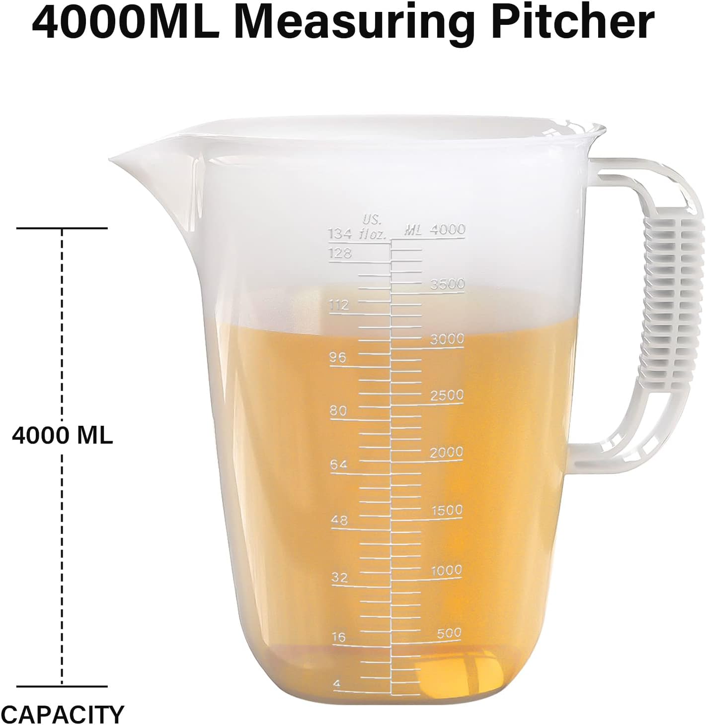 1 Gallon Measuring Pitcher, 134oz Extra Large Measure Pitcher-Convenient Conversion Chart-Strong Handle, Heat Resistant Plastic 1 Gallon Measuring Container for Pool Chemicals,Motor Oil, Lawn and Cook
