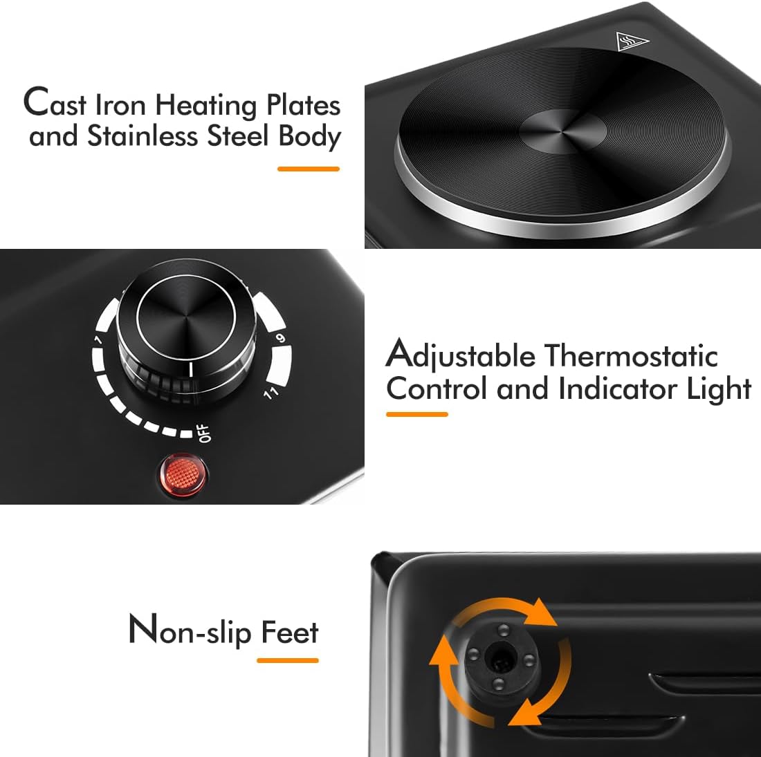 CUSIMAX Hot Plate, Single Burner Electric Cooktop, 1500W Electric Burner Hot Plate for Cooking with Adjustable Temperature, Portable Countertop Burner Stainless Steel, Black, New Model