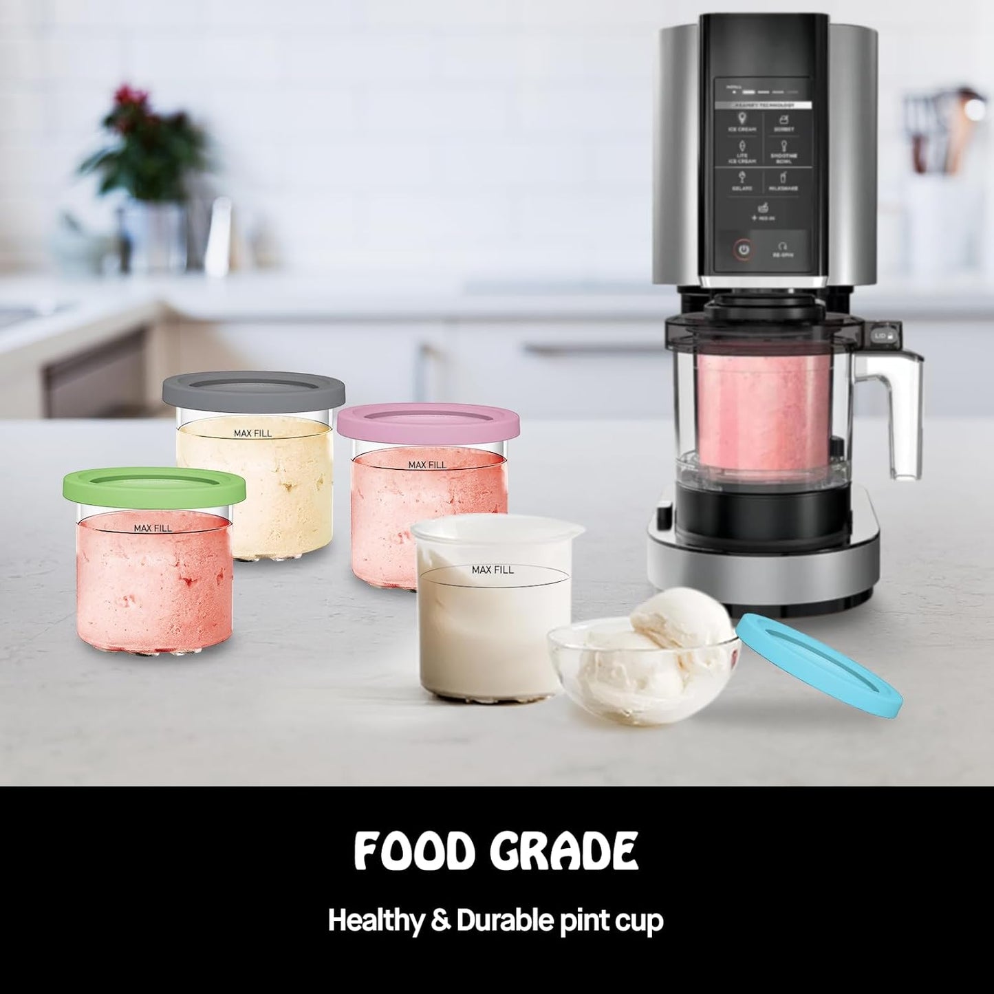 Pints and Lids for Ninja Creami NC299AMZ & NC300s Series Ice Cream Makers, BPA-Free & Dishwasher Safe, Color Lids, 4 Pack, Clear/Lime/Aqua/Grey/Pink