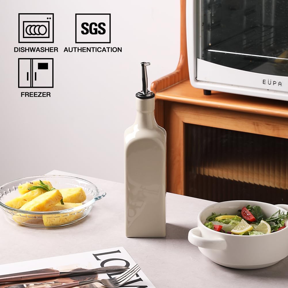 Sweejar 19 Fl Oz Ceramic Olive Oil Dispenser Bottle with Spout, Large Oil Dispenser for Kitchen, Opaque EVOO Oil and Vinegar Cruet for Cooking, Oil Container for Avocado Oil, Pack of 1 (Beige)