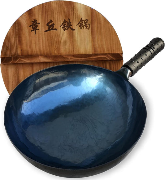 shuoguoleilei Chinese Hand Hammered Iron Woks Set, Non-stick No Coating Preseasoned Wok Blue Round Bottom Wok Pan For Electric, Induction and Gas Stoves （Blue Black-13）