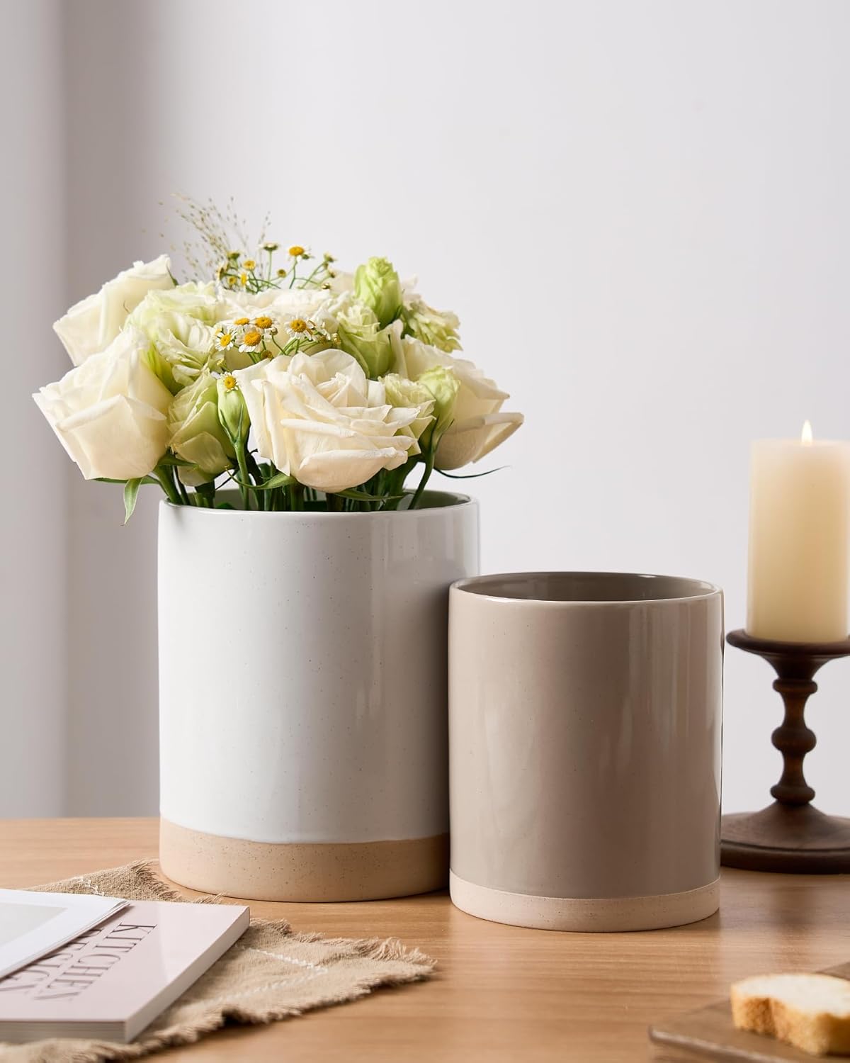 famiware Milkyway Kitchen Utensil Holder for Countertop, Ceramic Cooking Utensil Crocks for Kitchen Counter, Utensil Organizer for Spatula & Spoon, Set of 2, White and Cinnamon Brown