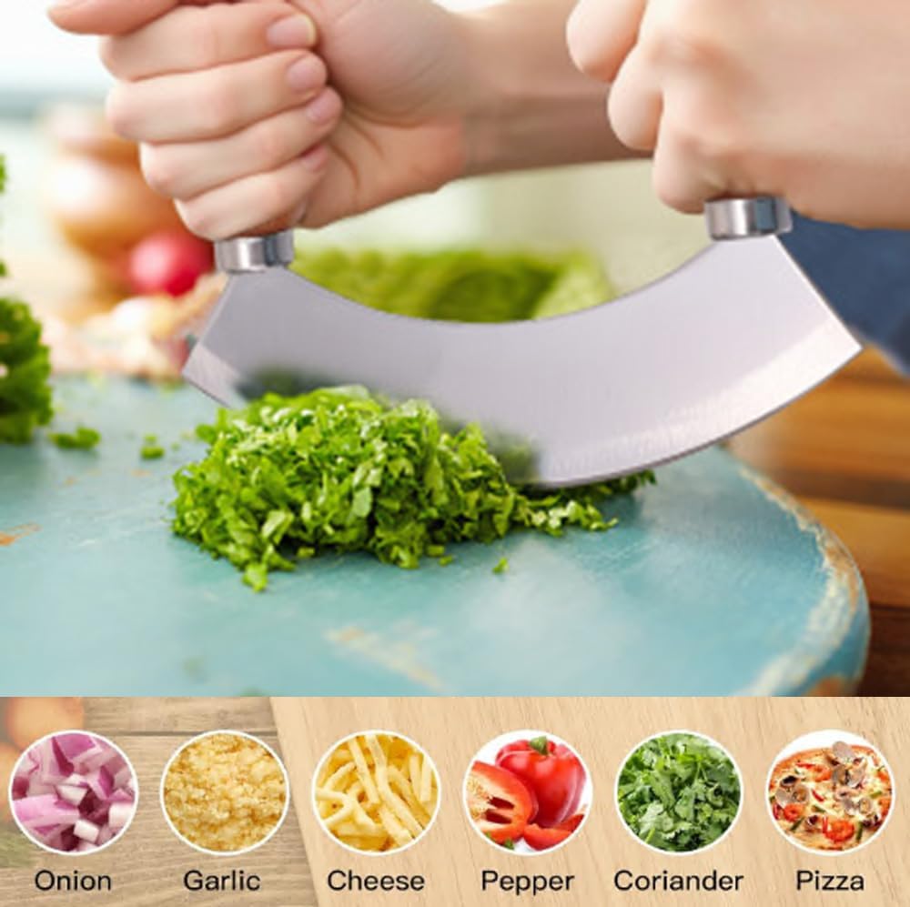 5.4 Inch Stainless Steel Mezzaluna Knife - Salad Chopper Rocker Pizza Cutter Rocker Knife Curved Blade Sharp Blade Double Acacia Wood Handle Fruit Vegetable Mincing (5.4 Inch Black)