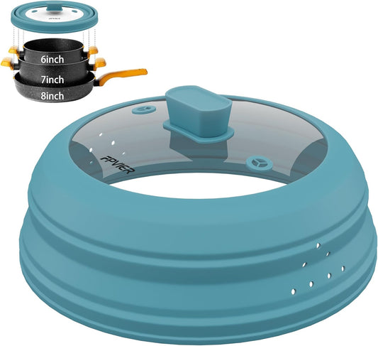 Microwave Splatter Cover, Vented Silicone and Glass Cover Splatter Guard Lid, Food Collapsible Plate Cover Lid with Easy Grip Handle. (Blue, 9 inch)