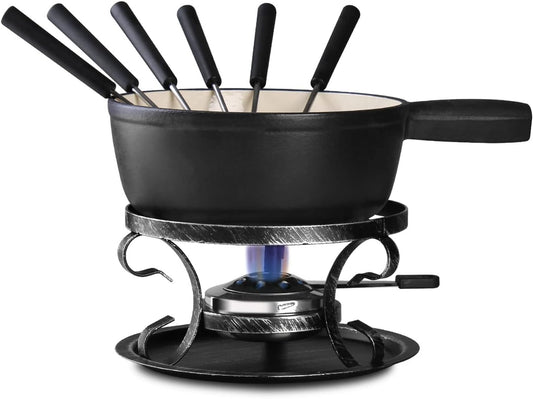 Artestia Cast Iron Fondue Pot Set – Swiss Traditional 2L Cheese & Chocolate Fondue Pot for 4-6 People – Ideal for Melting Cheese, Chocolates, Caramel, & More (Black)
