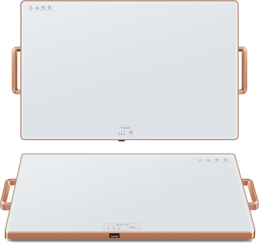 Electric Warming Tray (XXL 32”x18”)，Food Warmers for Parties Buffet with Thermostat&Full Surface Heating,Tempered Glass Warming Mat for Food, Temperature Adjustable Gold Handles Food Warming Mat,White