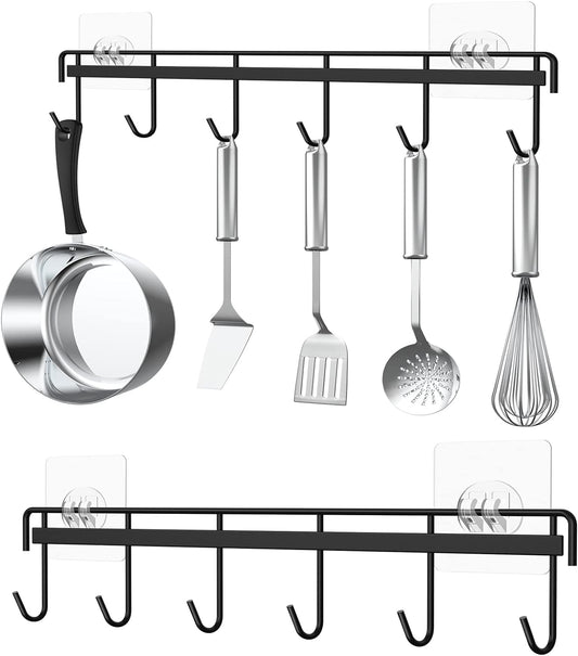 Myfolrena Adhesive Kitchen Hooks Utensil Hanger Holder Hanging Rack 2 Pack, Hanging Rack Wall Mounted Kitchen Rail for Spoons Pot Coffee Mug Cups Tags(Black)