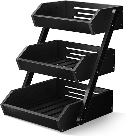 G.a HOMEFAVOR Large Bamboo Fruit Basket, 3 Tier Fruit Bowl for Kitchen Counter, Fruit Holder for Kitchen Countertop, Snack Fruit Vegetable Storage Basket Stand (BLACK)