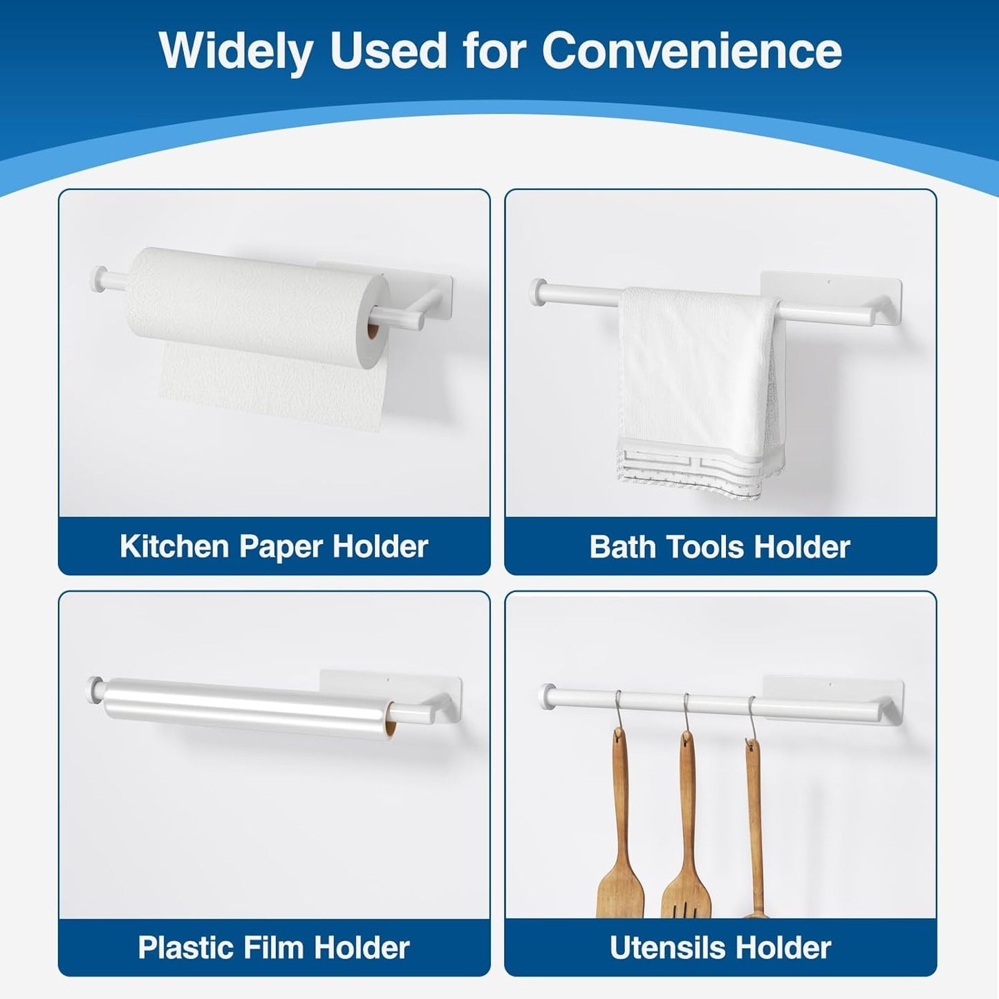 Paper Towel Holder - Self-Adhesive or Drilling, White, Wall Mounted, SUS304 Stainless Steel Kitchen Roll Dispenser Under Cabinet