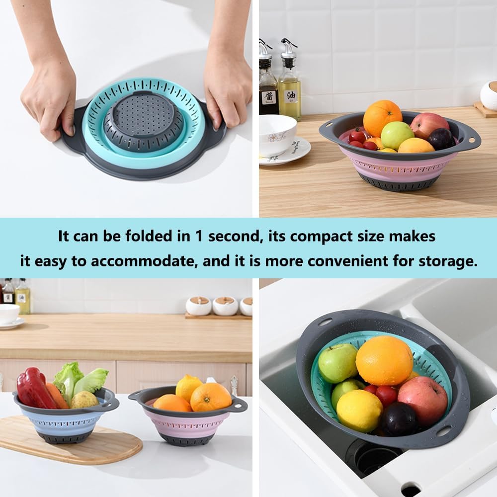 Collapsible Colander and Strainer,Silicone Strainer Colanders & Food Strainers,for Vegetable and Fruit, Kitchen Essentials (3, Pink, 1.3L+2.1L+2.5L)