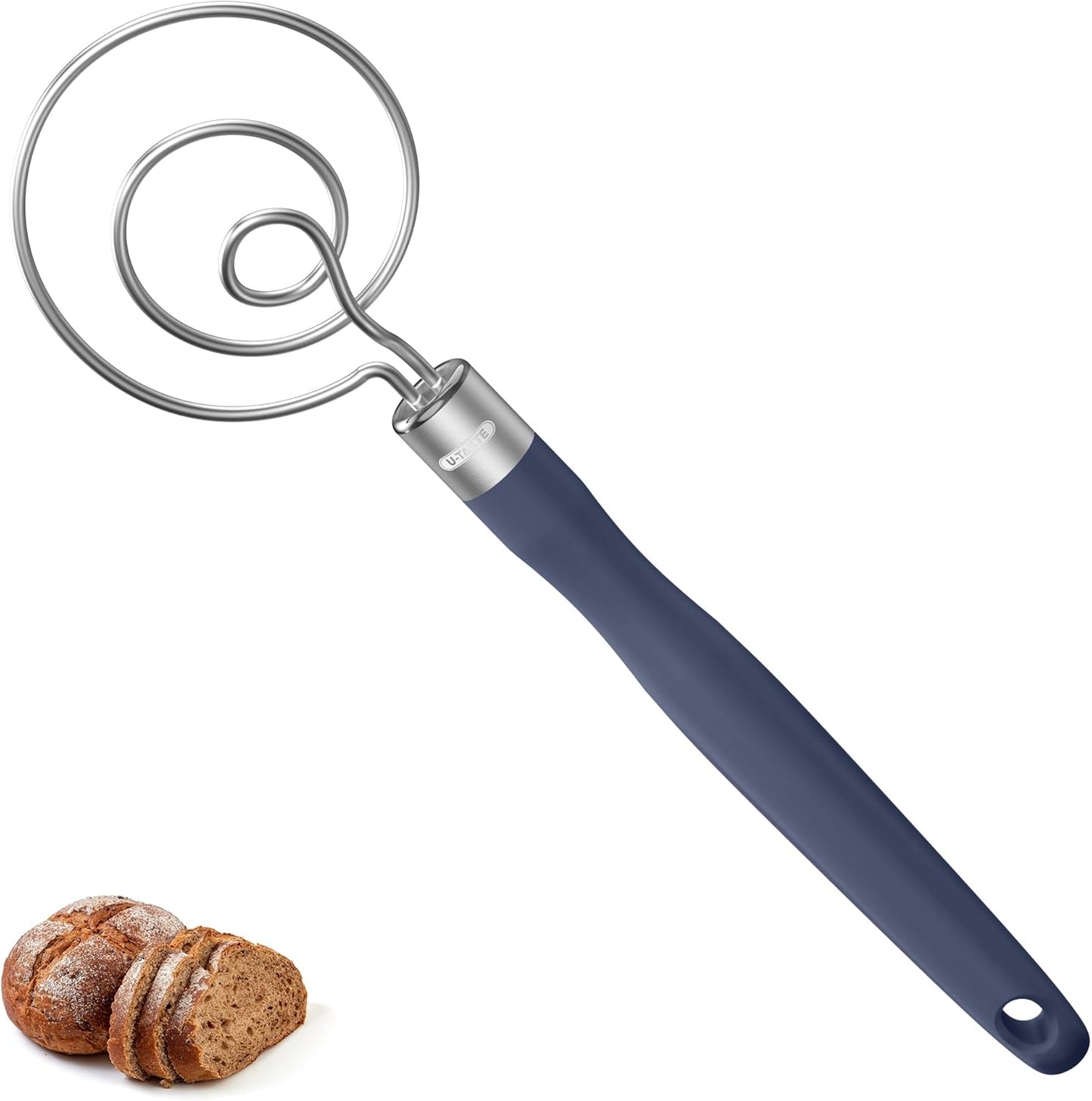 U-Taste 12.6" Danish Dough Whisk: 18/8 Stainless Steel Heavy-Duty Sourdough Mixer Tool, Food Grade Dutch Style Seamless Bread Wisk, Sturdy for Mixing, Stirring, Kneading Thick Batter (Midnight Blue)