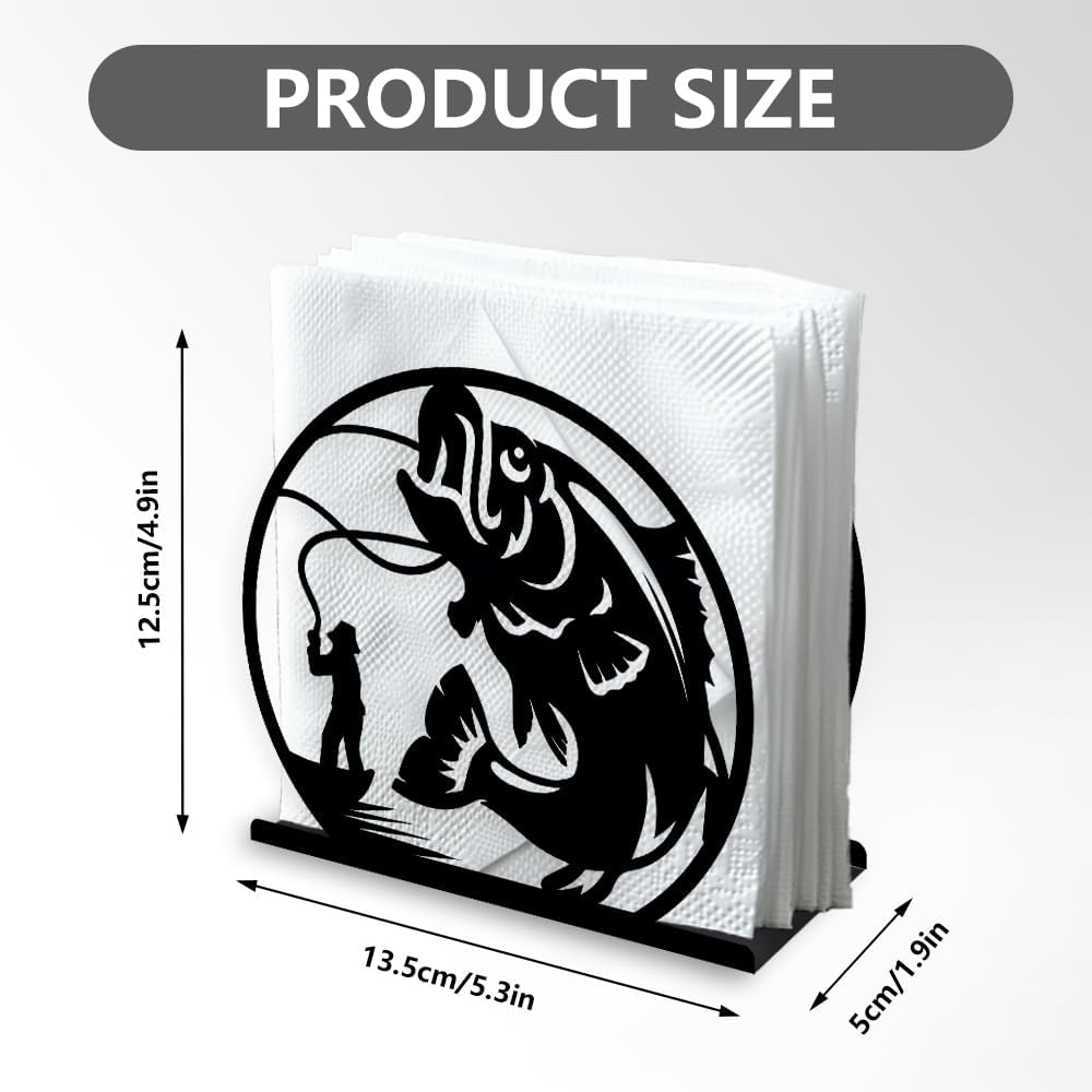 Fishing Decorative Black Metal Napkin Holder for Table, 5.3" x 4.9" x 1.9" Fisherman Fish Standing Napkin Holder for Home Kitchen Restaurant Picnic Party Coffee Bar Dining Room