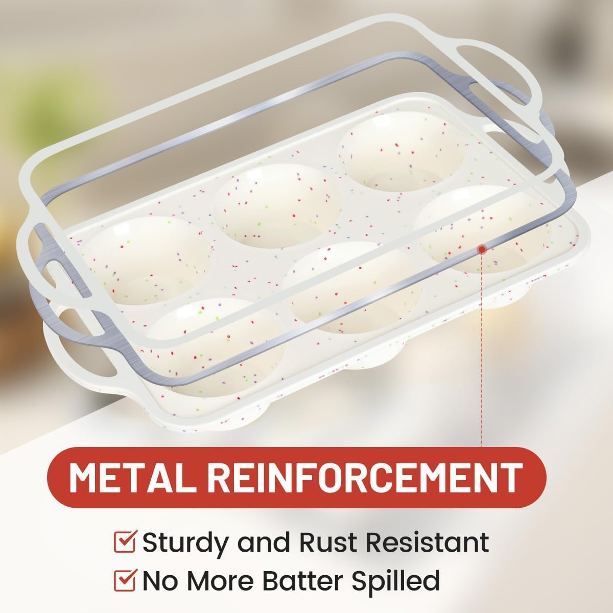 Large Muffin Pan, Metal Reinforced Frame 3.5 Inch Jumbo Silicone Muffin Pan Nonstick 6 Cups for Baking Jumbo Muffin, Frittatas, Jumbo Cupcakes 2 Pack Confetti