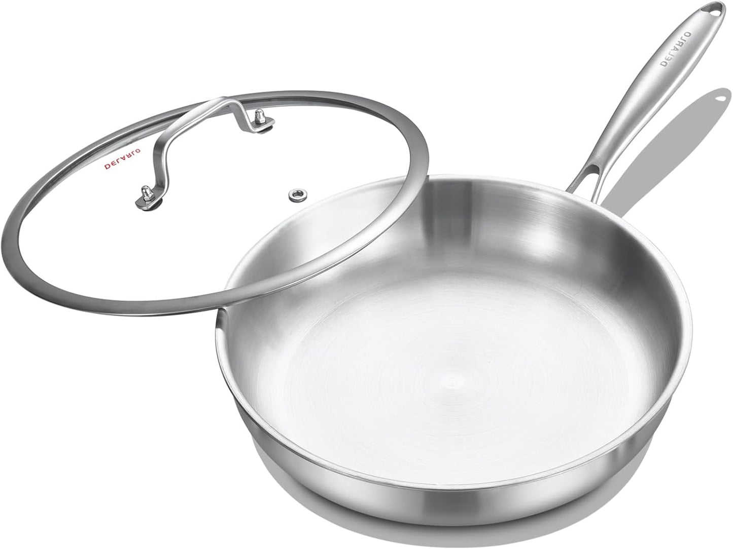 DELARLO Tri-Ply Stainless Steel 9.3 Inch Frying Pan with Lid, 18/10 Stainless Steel Skillet, Heavy Duty, Compatible for Induction, Ceramic, Electric, Gas Cooktops Up to 600℉, Fast & Even Heat