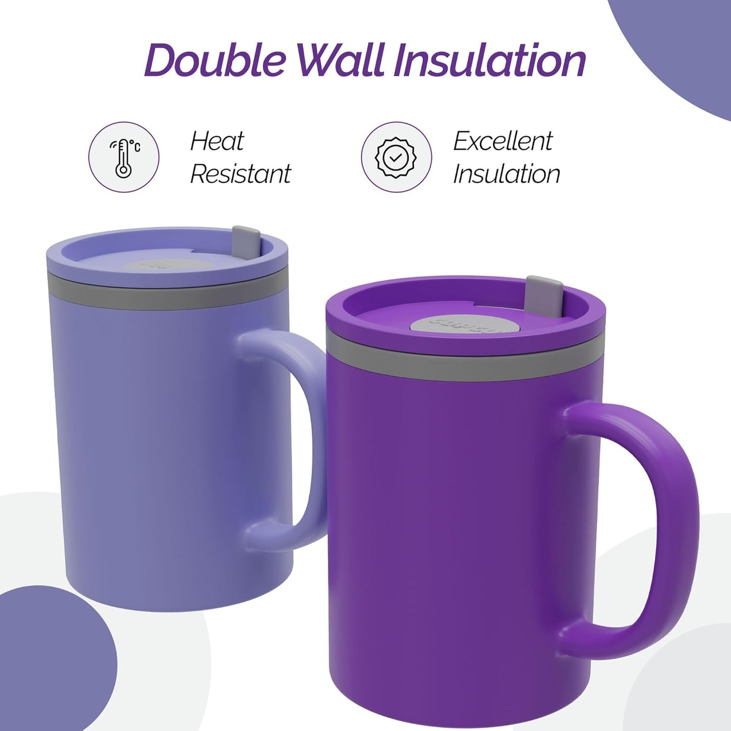 Copco Iconic 16oz Double Wall Insulated Desk Mug with Lid & Handle, Set of 2, BPA-Free Reusable Plastic, Spill-Proof, Microwave & Dishwasher Safe, Wide Mouth, Cup Holder Friendly (Purple/Light Purple)