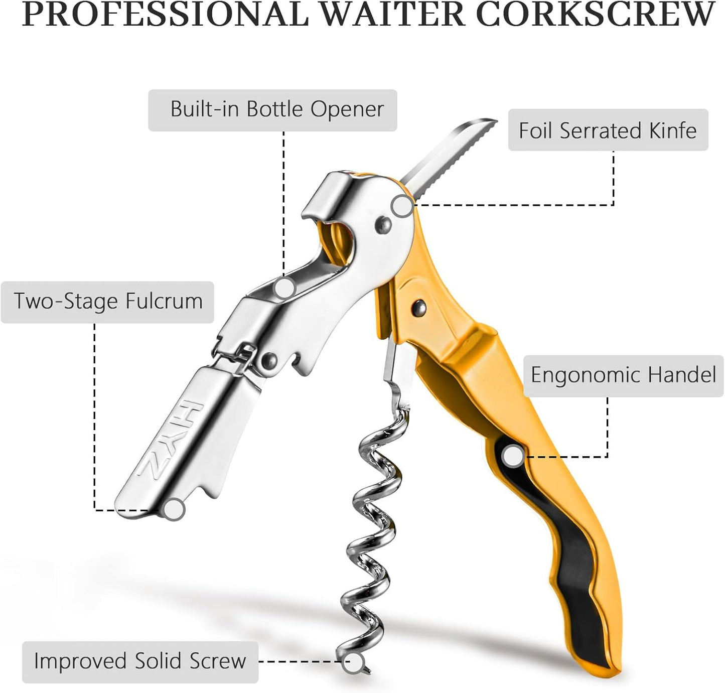 HYZ 2-Pack Wine Opener Waiter Corkscrew, Professional Wine Key for Servers, Bartender with Foil Cutter, Manual Wine Bottle Opener Double Hinged (Yellow)