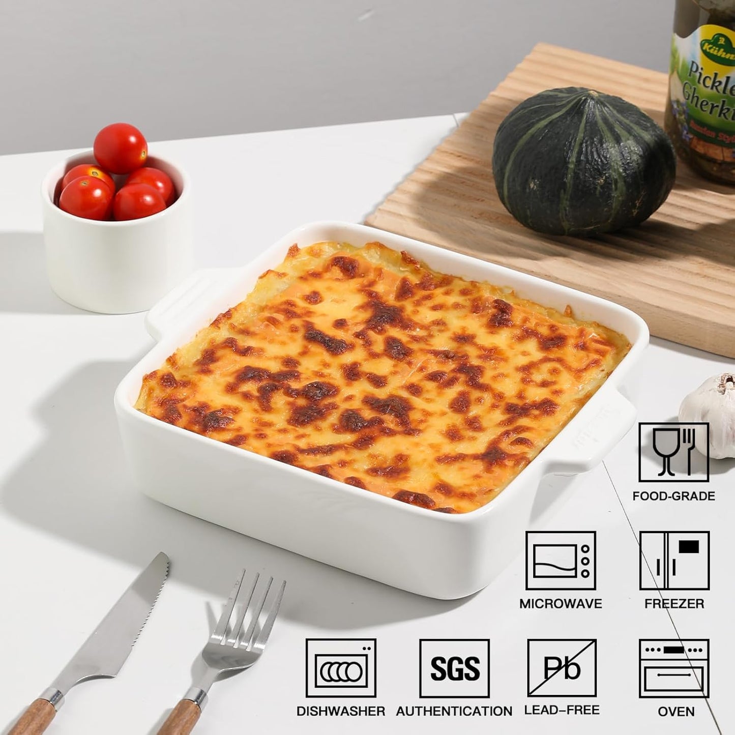 Sweejar Ceramic Baking Dish, 8 x 8 Cake Baking Pan for Brownie, Porcelain Square Bakeware with Double Handle for Casserole, Lasagna, Family Dinner (White)