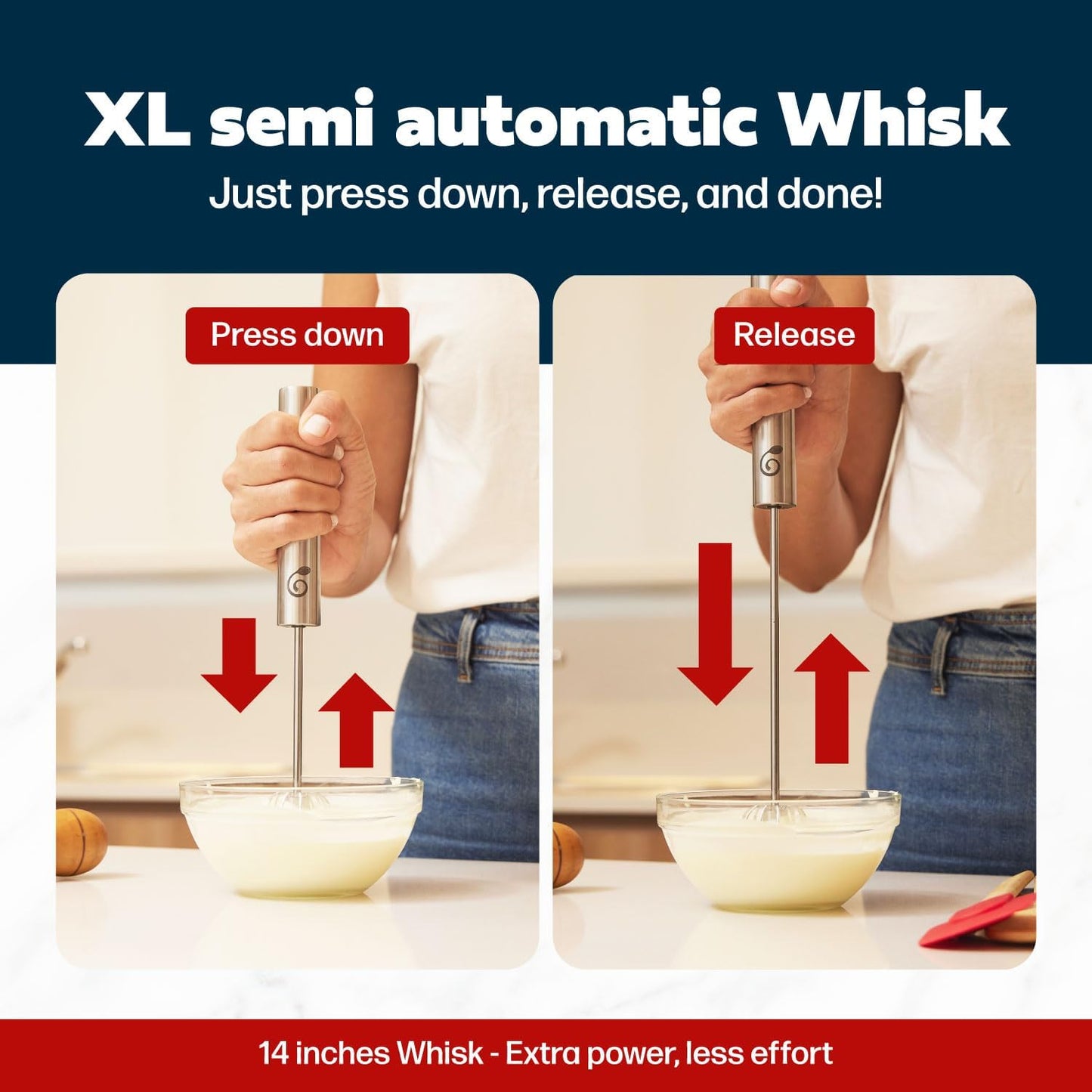 14 Inch Stainless Steel Hand Whisk - Durable & Easy to Use Push-Down Zip Whisker - Rotary Hand Mixer for Beating Eggs, Frothing Milk, Blending, Mixing, Whipping Smoothies & Shakes - Kitchen Tools