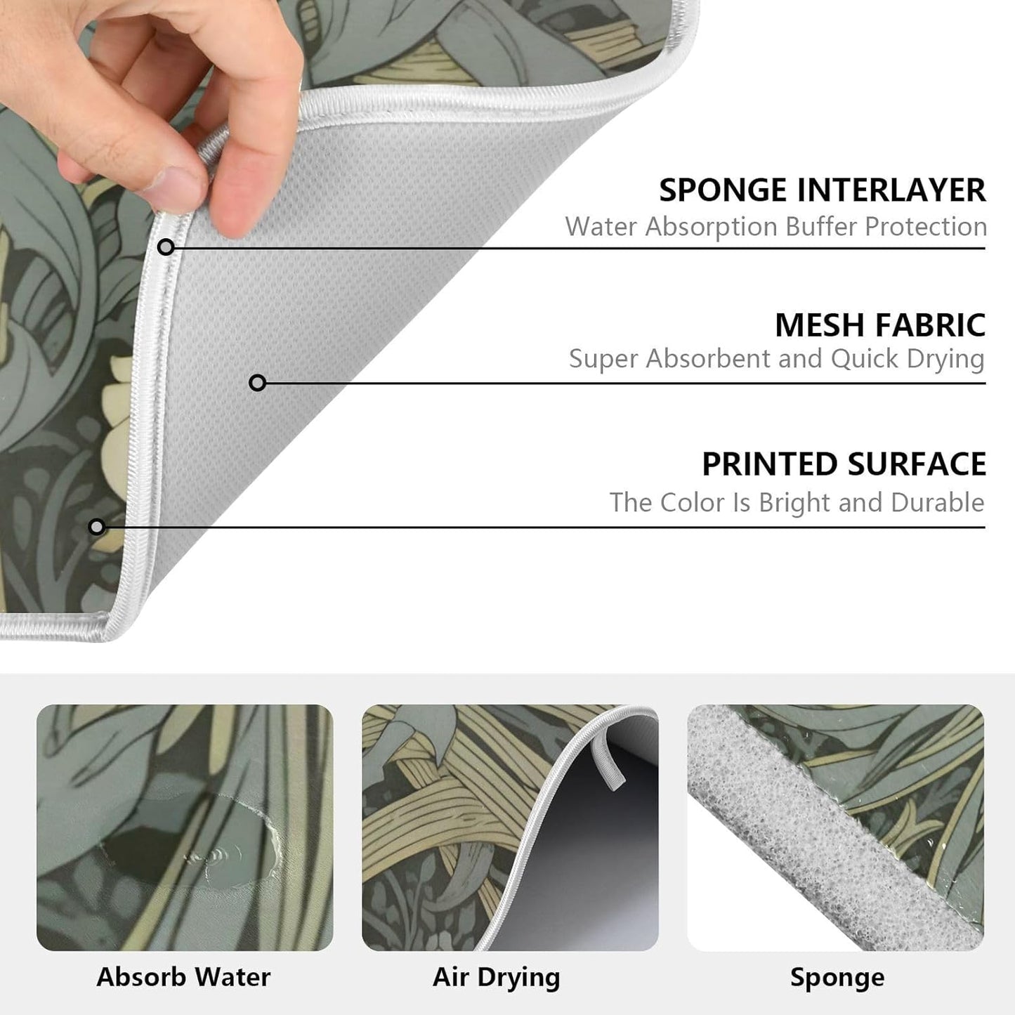 William Morris Flowers Print Dish Drying Mat for Kitchen Counter Absorbent Microfiber Small Drying Pad Dish mats for Kitchen Countertops 16 x 18 Inch