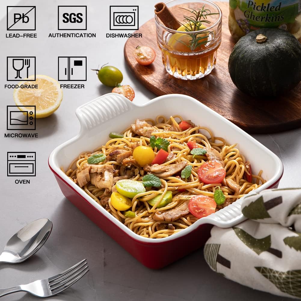 Sweejar Ceramic Baking Dish, 9 x 9 Cake Baking Pan for Brownie, Porcelain Square Bakeware with Double Handle for Casserole, Lasagna, Family Dinner (Red)