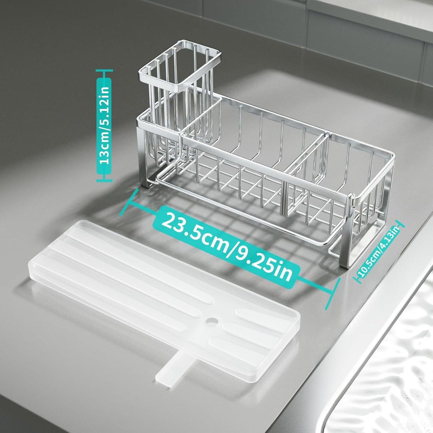 HapiRm Sponge Holder for Kitchen Sink - Self-draining Sink Caddy with Brush Holder and Dishcloth Holder, Stainless Steel Kitchen Organizer - Silver