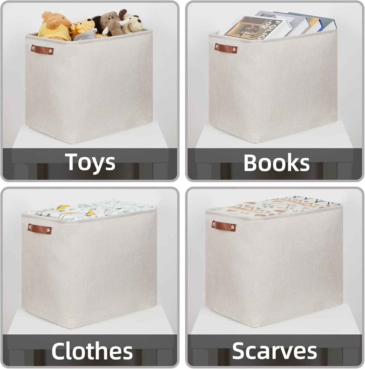 HNZIGE Collapsible Canvas Linen Storage Basket, Set of 2, Large Fabric Cloth Baskets, Rectangular Shelf Baskets with Leather Handles, Organizing Storage Baskets for Storage Closet, Home, Office(Gream)