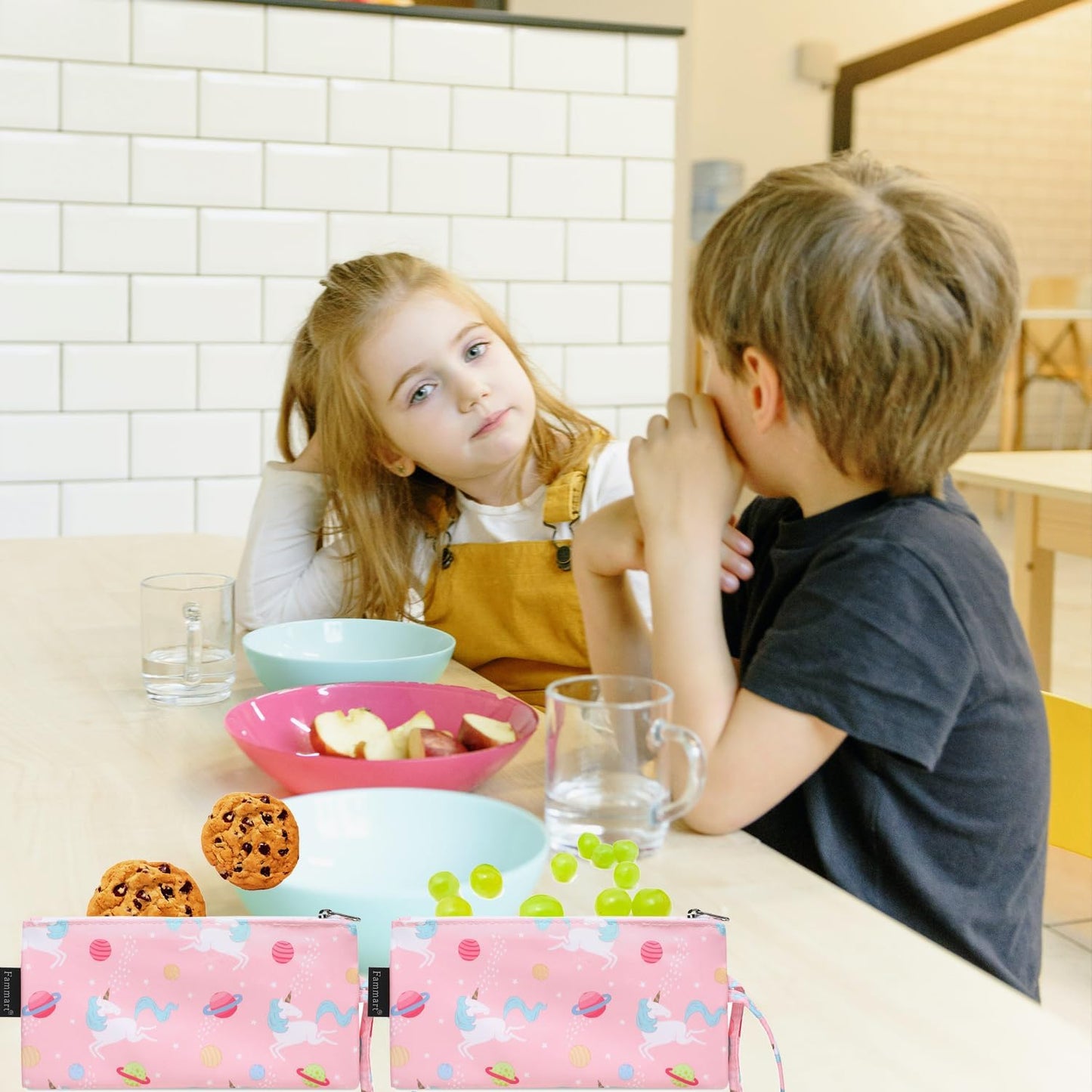 Reusable Sandwich Bag/Snack Bag for Kids & Adults, Dual Layer Lunch Bag with Handle, Washable, Food Safe, BPA Free (2-Pack, Planet Unicorn)