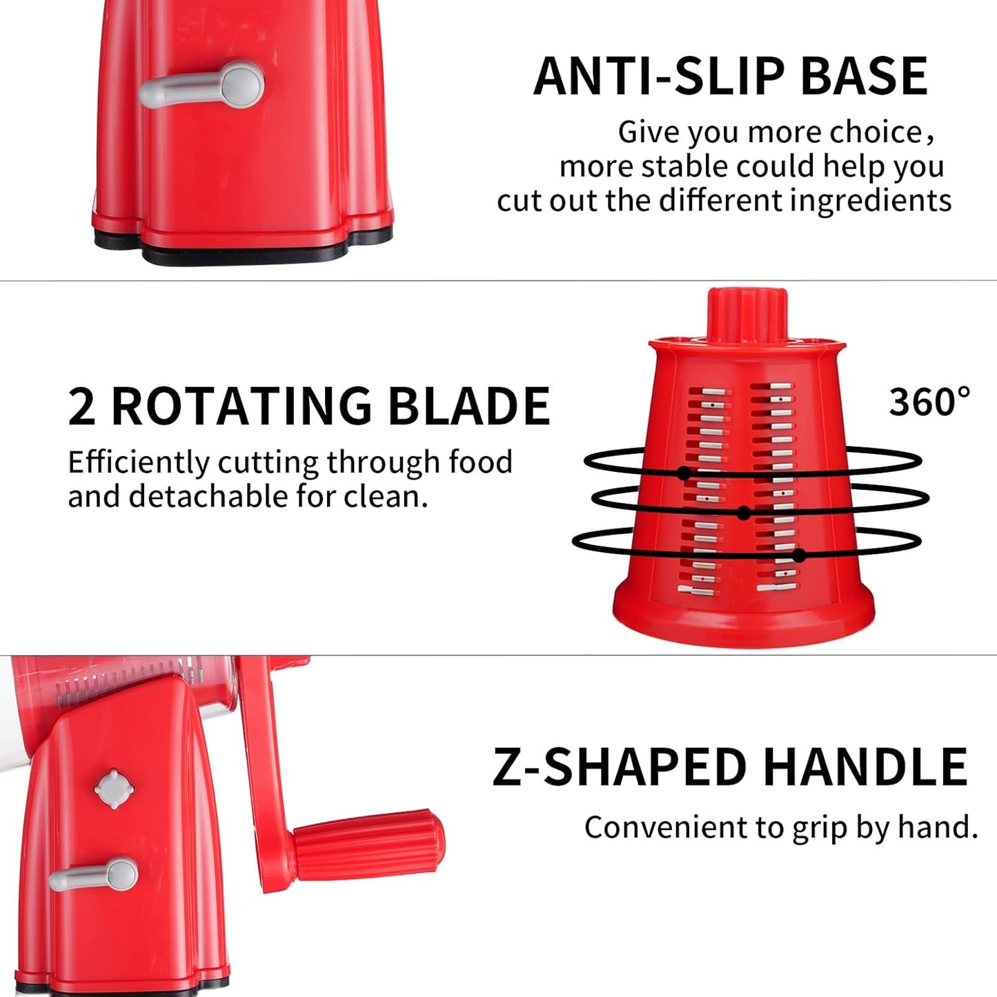 Rotary Cheese Grater Shredder - Upgraded 5 in 1 Cheese Grater with Handle and Strong Suction Base, Multi-purpose Julienne Slicer Ice Shaver Nuts Grinder for Ice, Vegetables, Fruit, Nuts