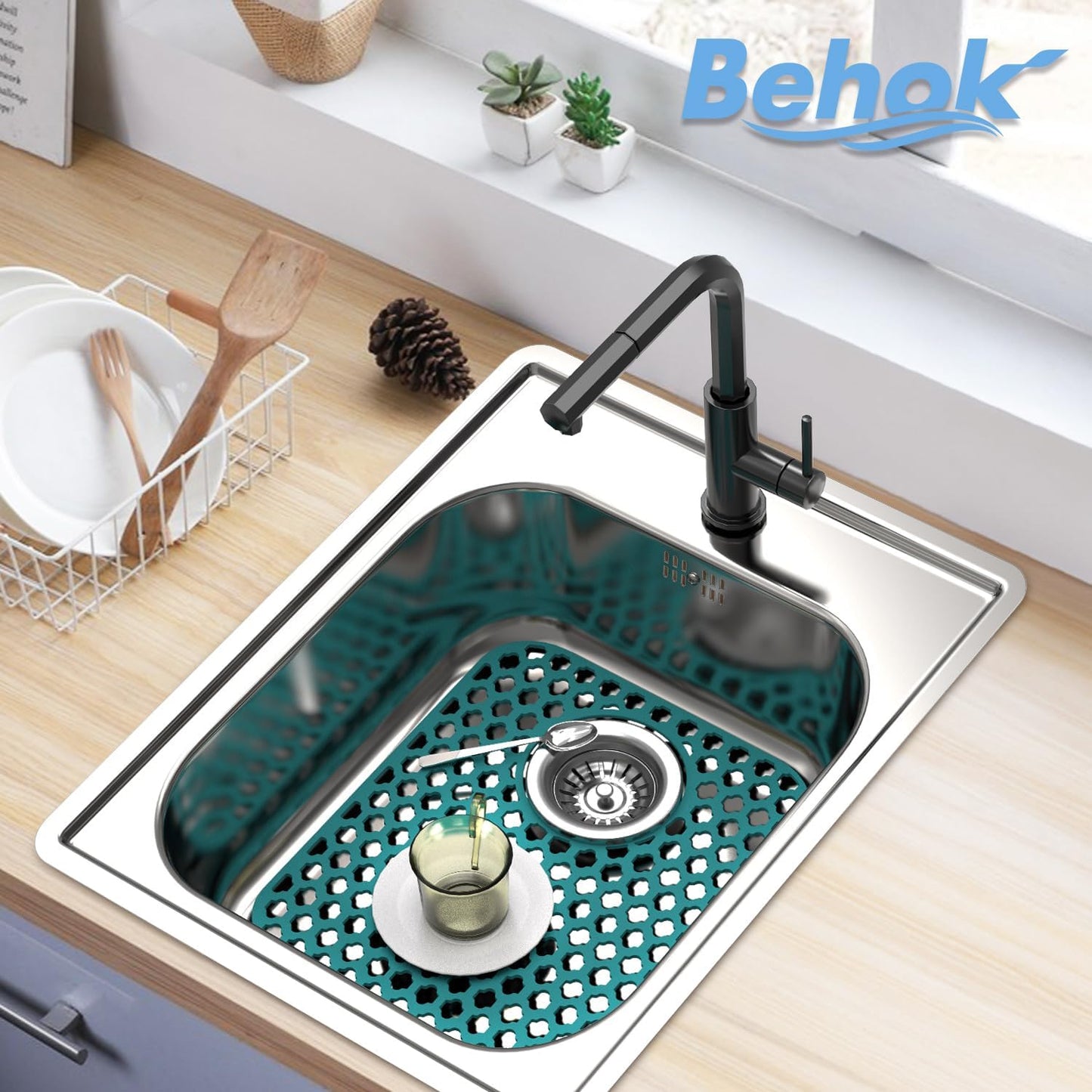 2 Pack Silicone Sink Protector for Kitchen Sink Bathroom, 13.58" x 11.6" Heat-resistant Sink Mat Non-Slip and Durable Silicone Protectors, Rear Drain, Green