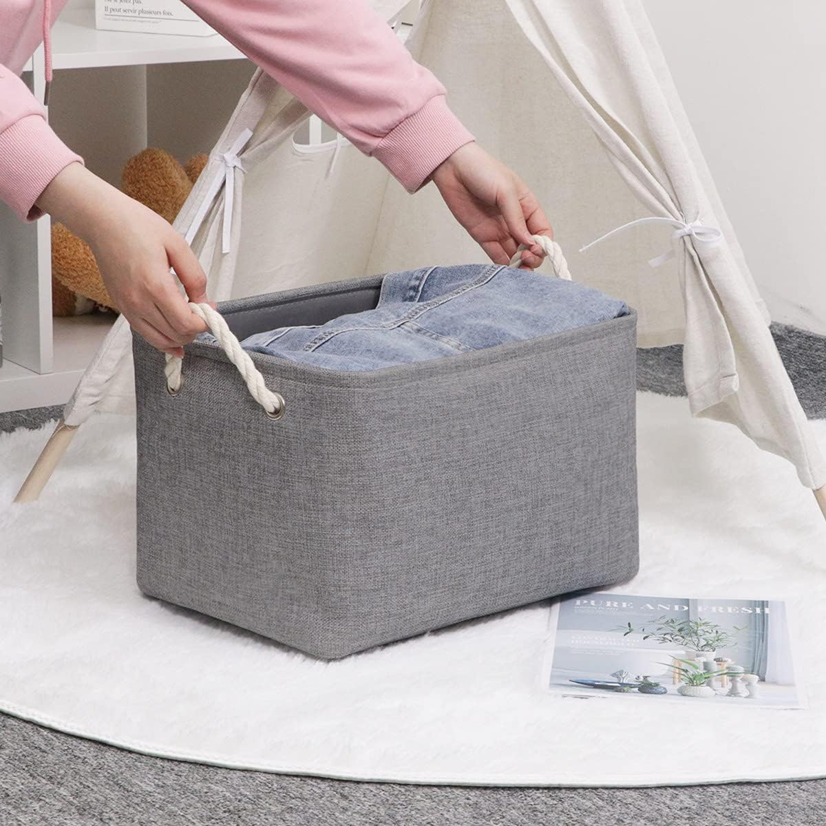 HNZIGE Shelf Baskets for Storage(3 Pack) Storage Bins Fabric Storage Baskets for Shelves,Baskets Set for Organizing Clothes,Nursery,Laundry(Gray,15" x 11" x 9.5")