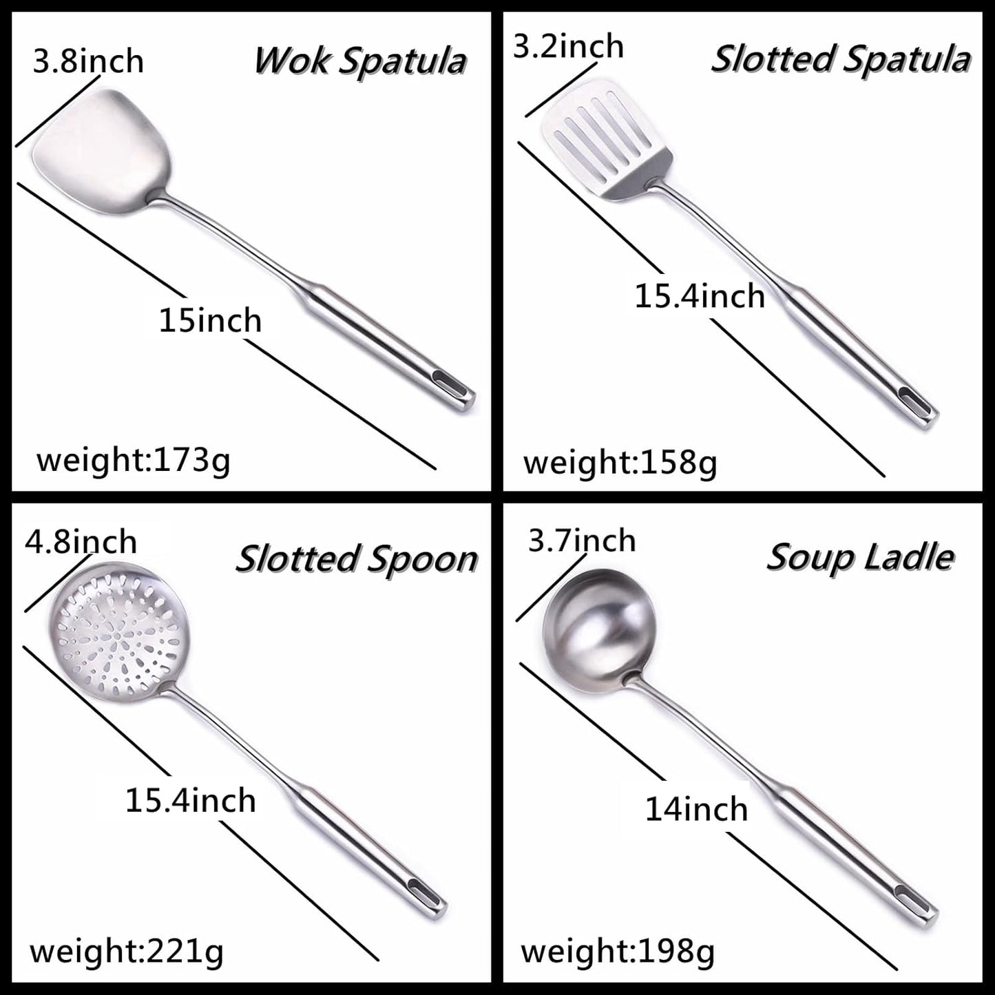 304 Stainless Steel Cooking Utensil Set 4-Piece Kitchen Utensils with Extra-Long Handles, Spatula,Ladle,Slotted Spoon,Slotted Spatula,One-Piece Construction, Ideal for Wok, Grilling, and Gifting