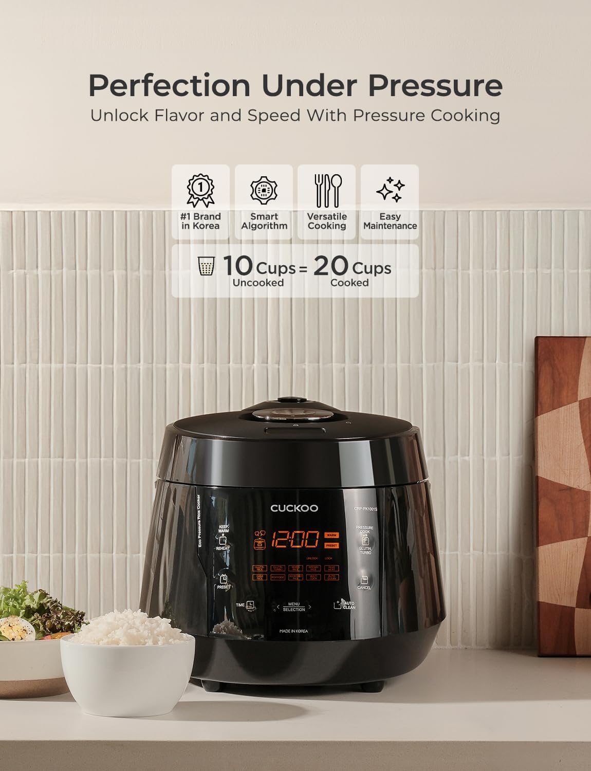 CUCKOO CRP-PK1001S 10-Cup (Uncooked) / 20-Cup (Cooked) Heating Pressure Rice Cooker & Warmer with Nonstick Inner Pot, 13 Menu Options, Fuzzy Logic Tech, Auto Clean (Black)