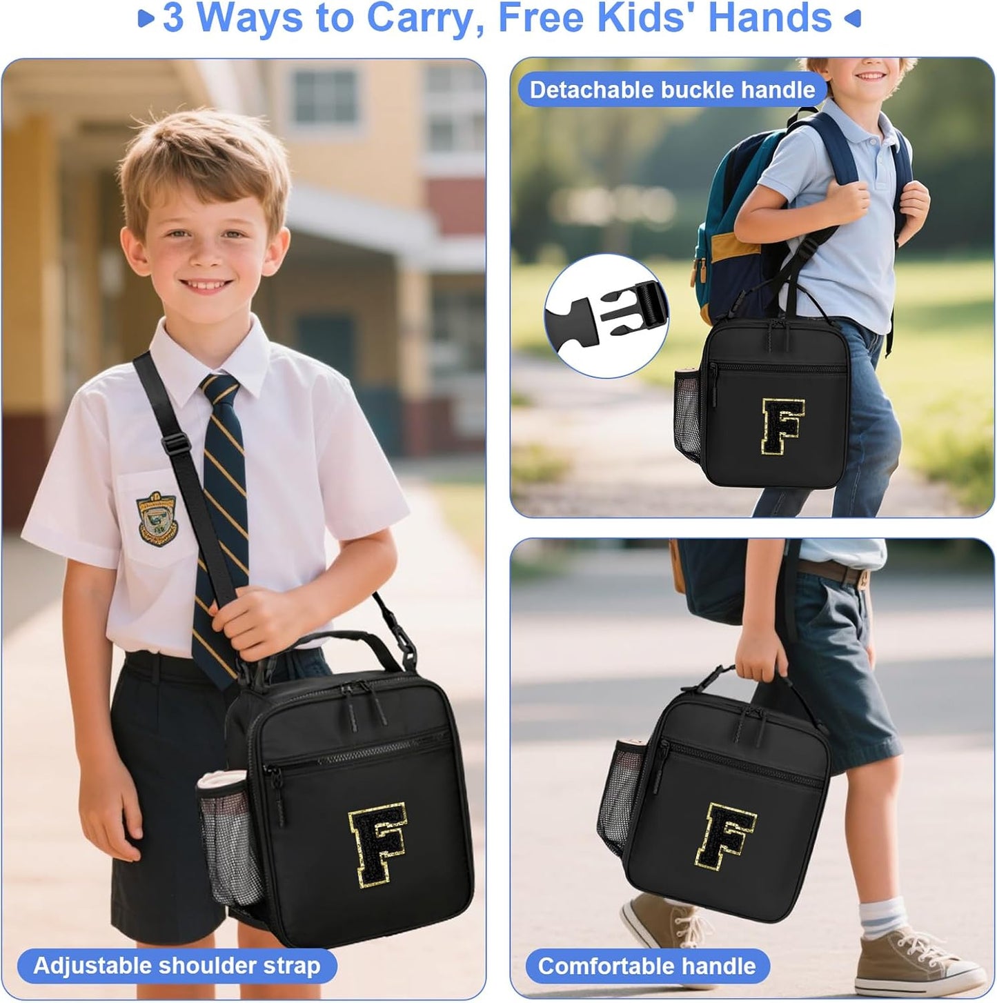 Initial Insulated Lunch Bag for Boys Kids, Back to School Gift, Reusable Leak-proof Lunch Box with Adjustable Strap for School Daycare Travel Picnic（Black，F）