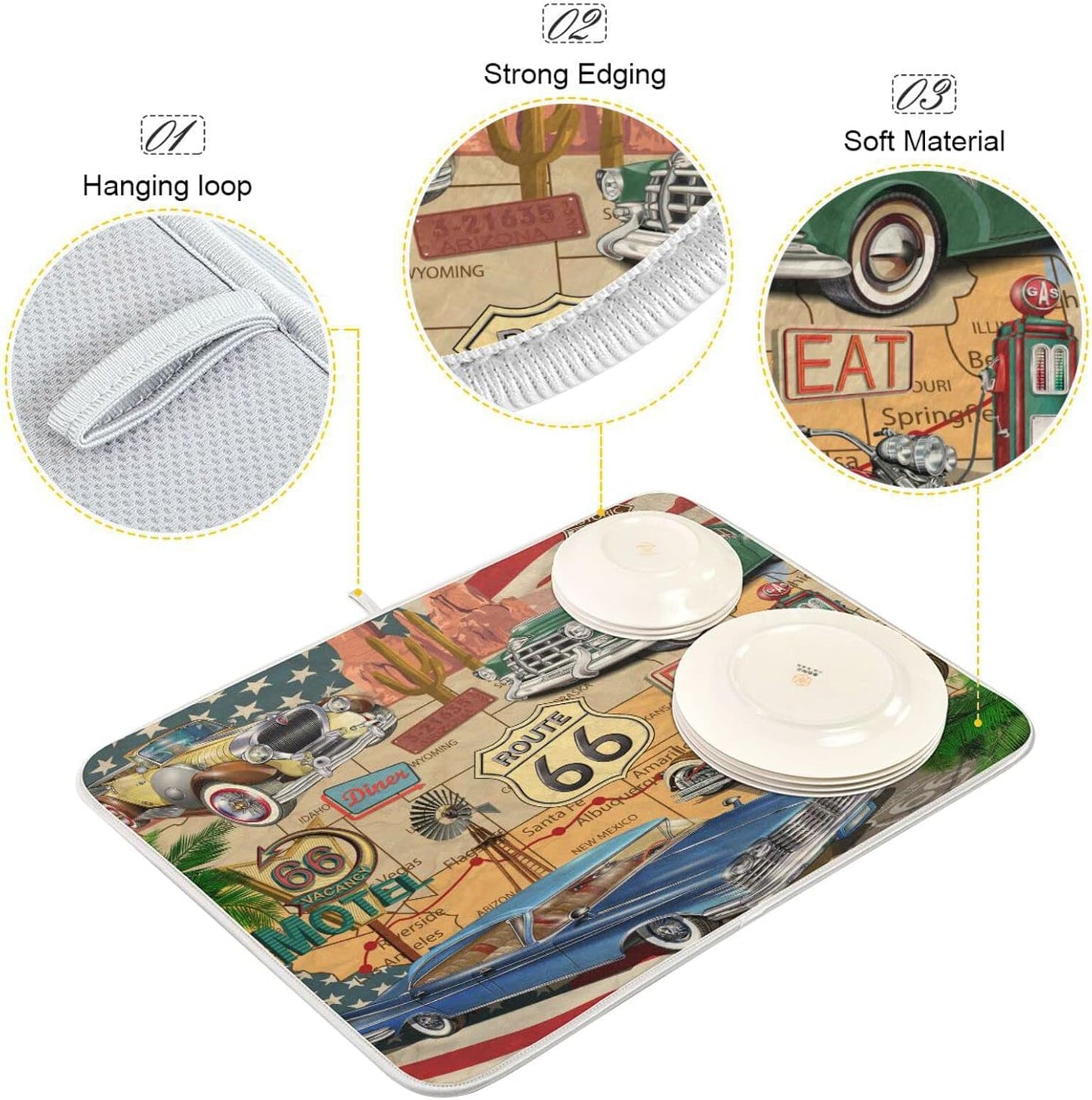 senya Super Absorbent Dish Drying Mat, Microfiber Fast-Drying Dish Mat, 24'' x 18'', Kitchen Dish Drying Pad, Retro Route 66 Poster, (g289343280p523c558s1114)