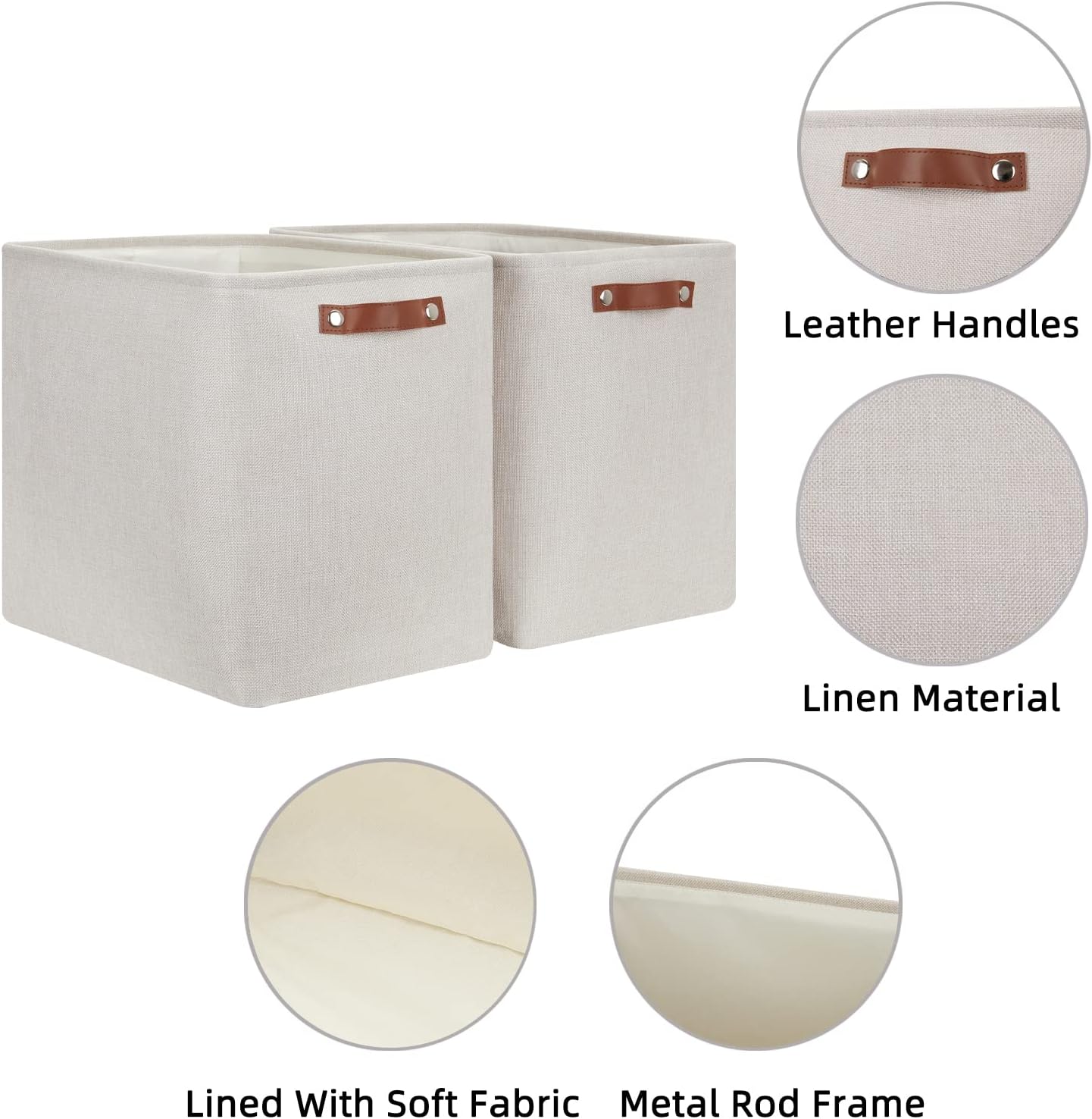 HNZIGE Collapsible Canvas Linen Storage Basket, Set of 2, Large Fabric Cloth Baskets, Rectangular Shelf Baskets with Leather Handles, Organizing Storage Baskets for Storage Closet, Home, Office(Gream)