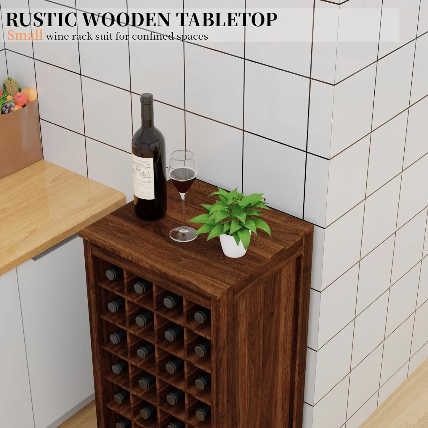 WERSMT 8-Tier Wine Rack Freestanding Floor, 32 Bottles Wood Wine Rack Counter for Small Space, Farmhouse Stackable Modular Wine Bottle Holder Rack, Walnut