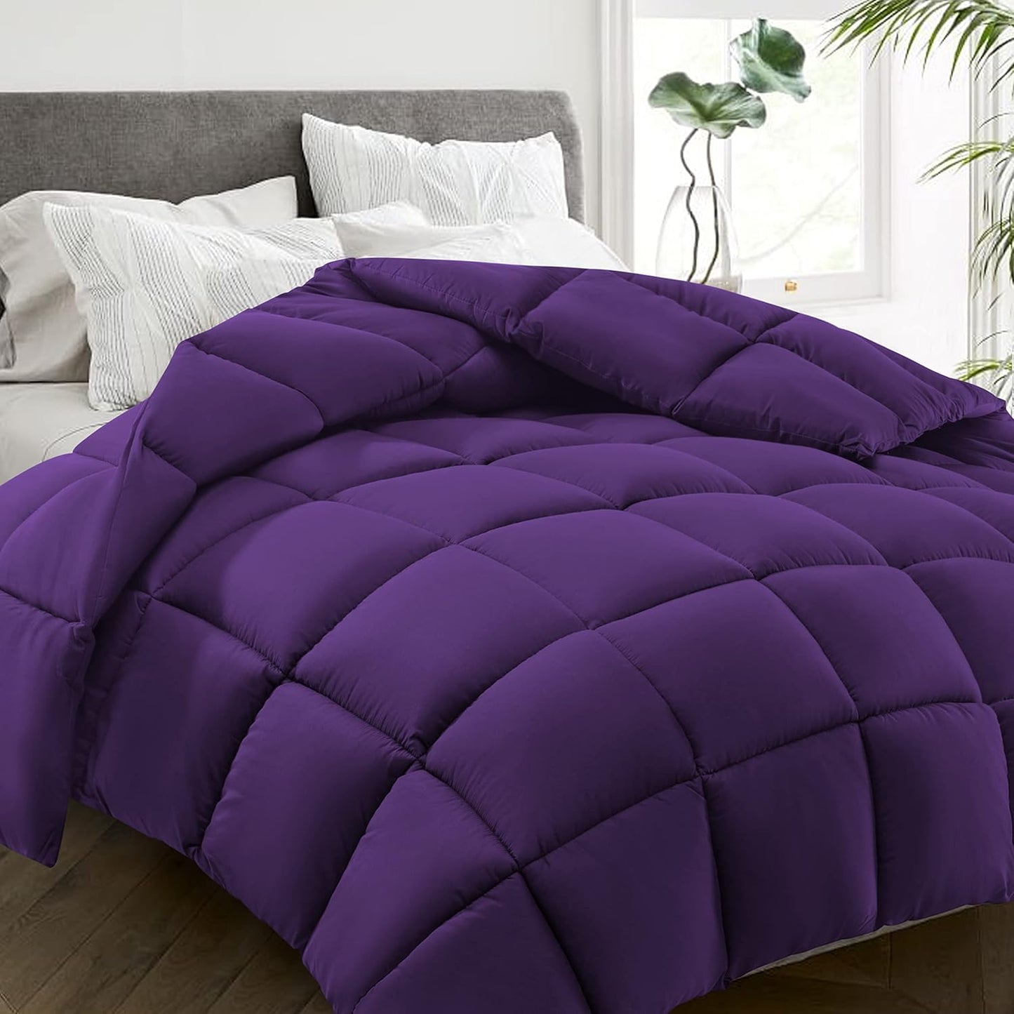 HYLEORY All Season California King Size Bed Comforter - Cooling Down Alternative Quilted Duvet Insert with Corner Tabs - Winter Warm - Machine Washable - Purple