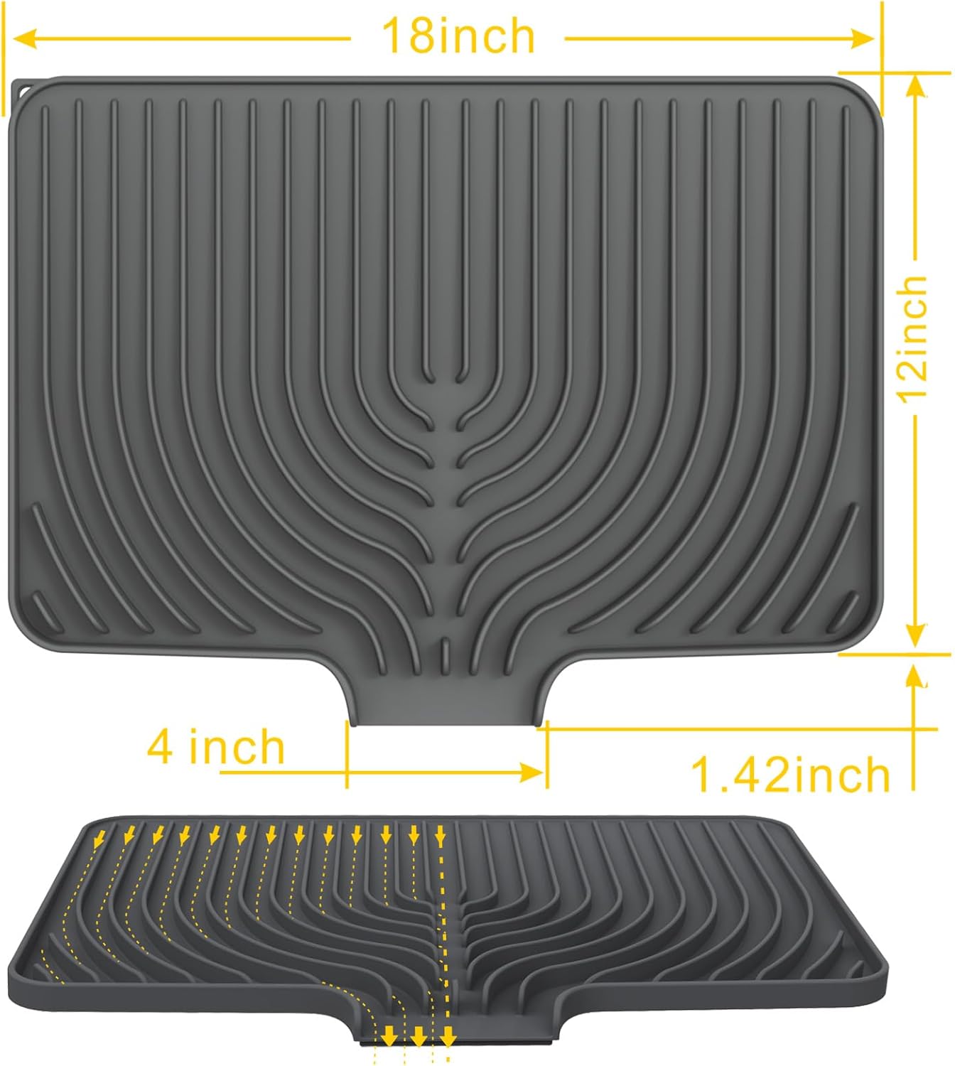 Silicone Drying Mat for Kitchen Counter, 18"×12" Silicone Dish Drying Mat with Board Drain,Rubber Kitchen Counter Dry Matt for Dishes Drying Rack(gray)
