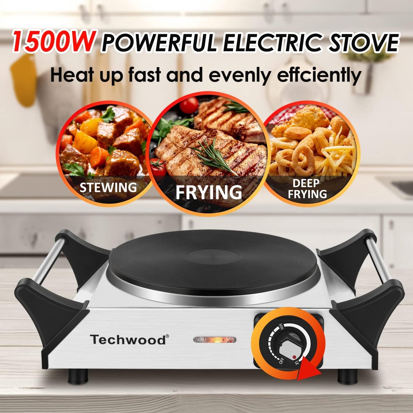 Techwood Hot Plate for Cooking, 1500W Electric Stove Countertop Single Burner with Adjustable Temperature & Stay Cool Handles, 7.5” Cooktop for Home/RV/Camp, Compatible for All Cookwares, Silver