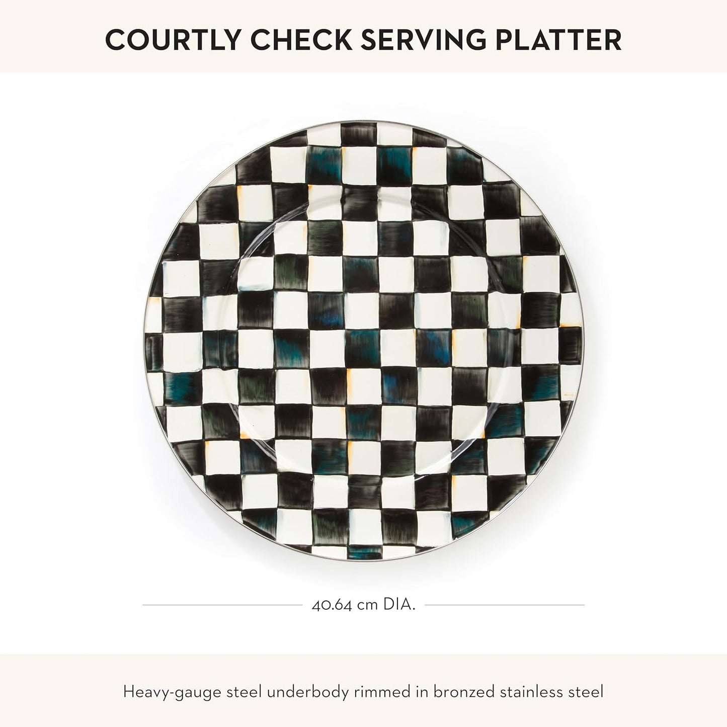 MACKENZIE-CHILDS Enamel Serving Platter, Decorative Serving Platter for Food, 16 Inches, Black-and-White Courtly Check