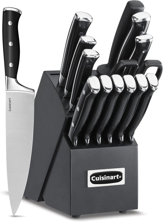 Cuisinart 15-Piece Knife Set with Block, High Carbon Stainless Steel, Forged Triple Rivet, Black/Black C77BTR-15PBK