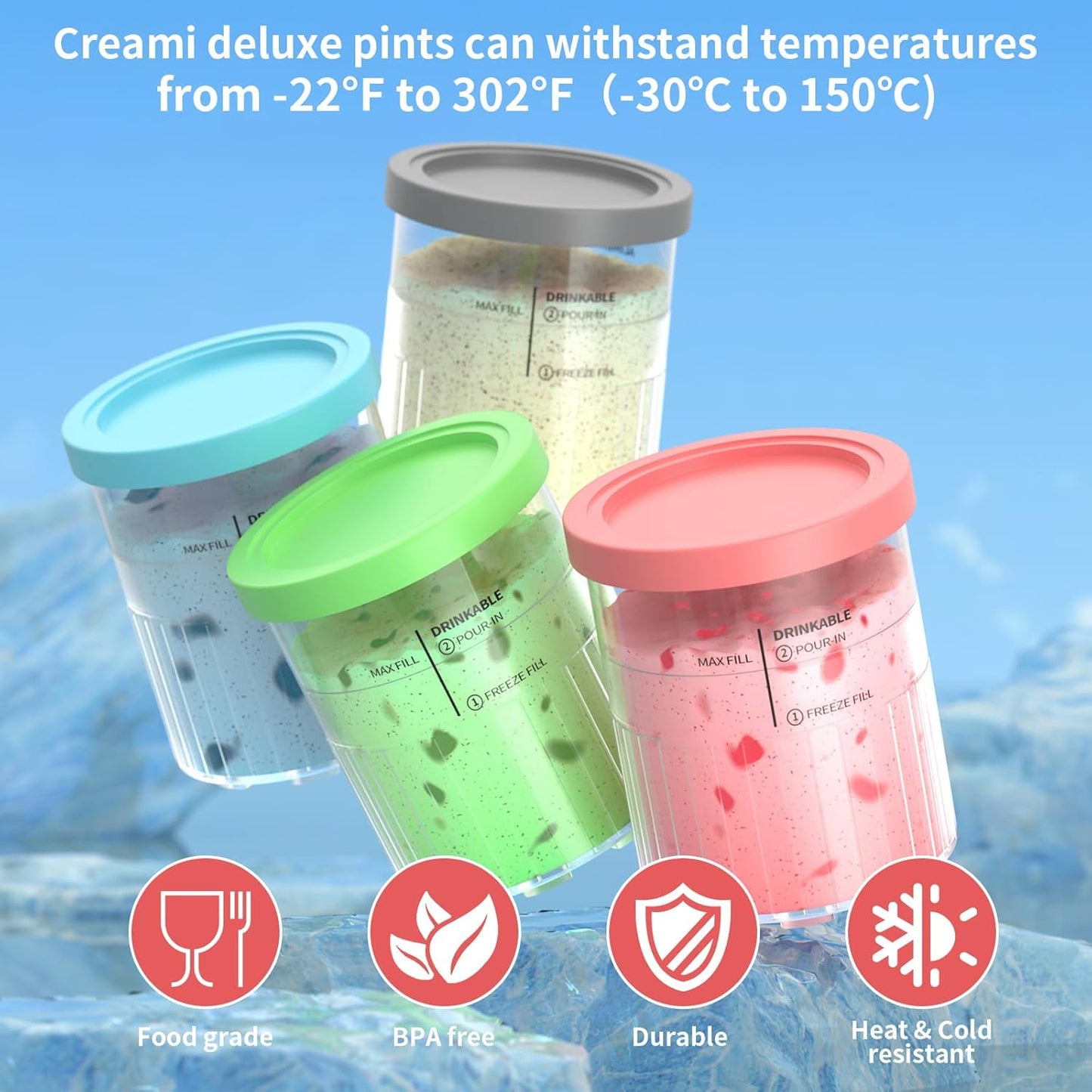 Containers Replacement for Ninja Creami Deluxe Pints and Lids - 4 Pack,Creamy Ice Cream Containers Cups Set,24oz Family Size Compatible with Ninja Ice Cream Maker NC500/NC501 Series Dishwasher Safe