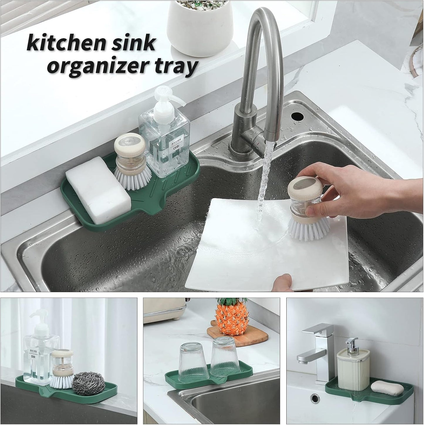 Silicone Bathroom Soap Dishes with Drain Spout-Bathroom and Kitchen Sink Organizer,Sponge Holder,Dish Soap Tray,Perfect for Dispenser,Scrubber,Bottle,Cup on Sink or Counter-Green 9.6"×5.3"