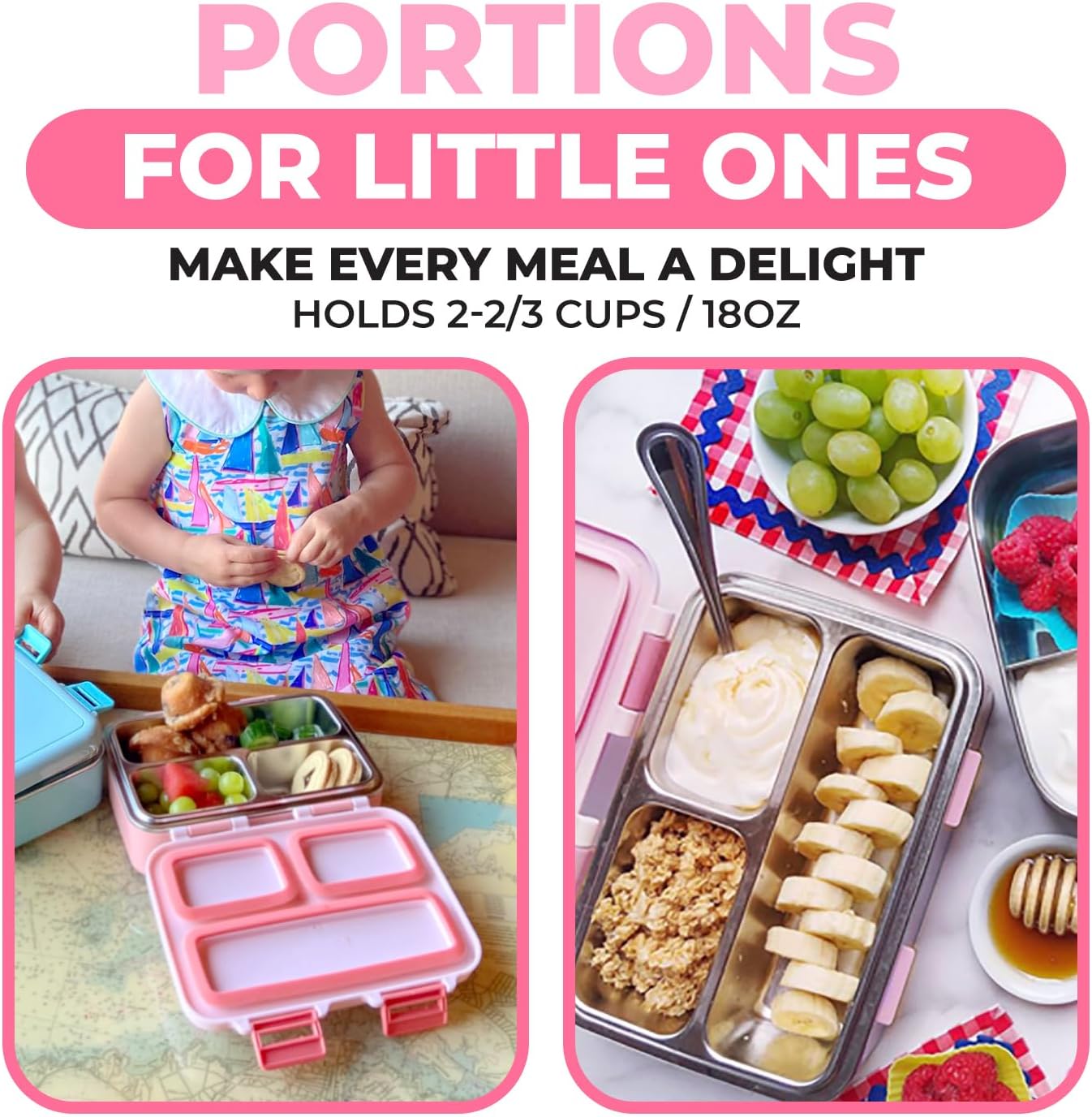 Stainless Steel Lunch Box for Baby Toddlers Girls, Mini Bento, 3 Eco Metal Portion Sections Leakproof Lid, Pre-School Daycare Lunches, Toddler Kids Spill-Proof Snack Container, 18 oz/550 mL Pink