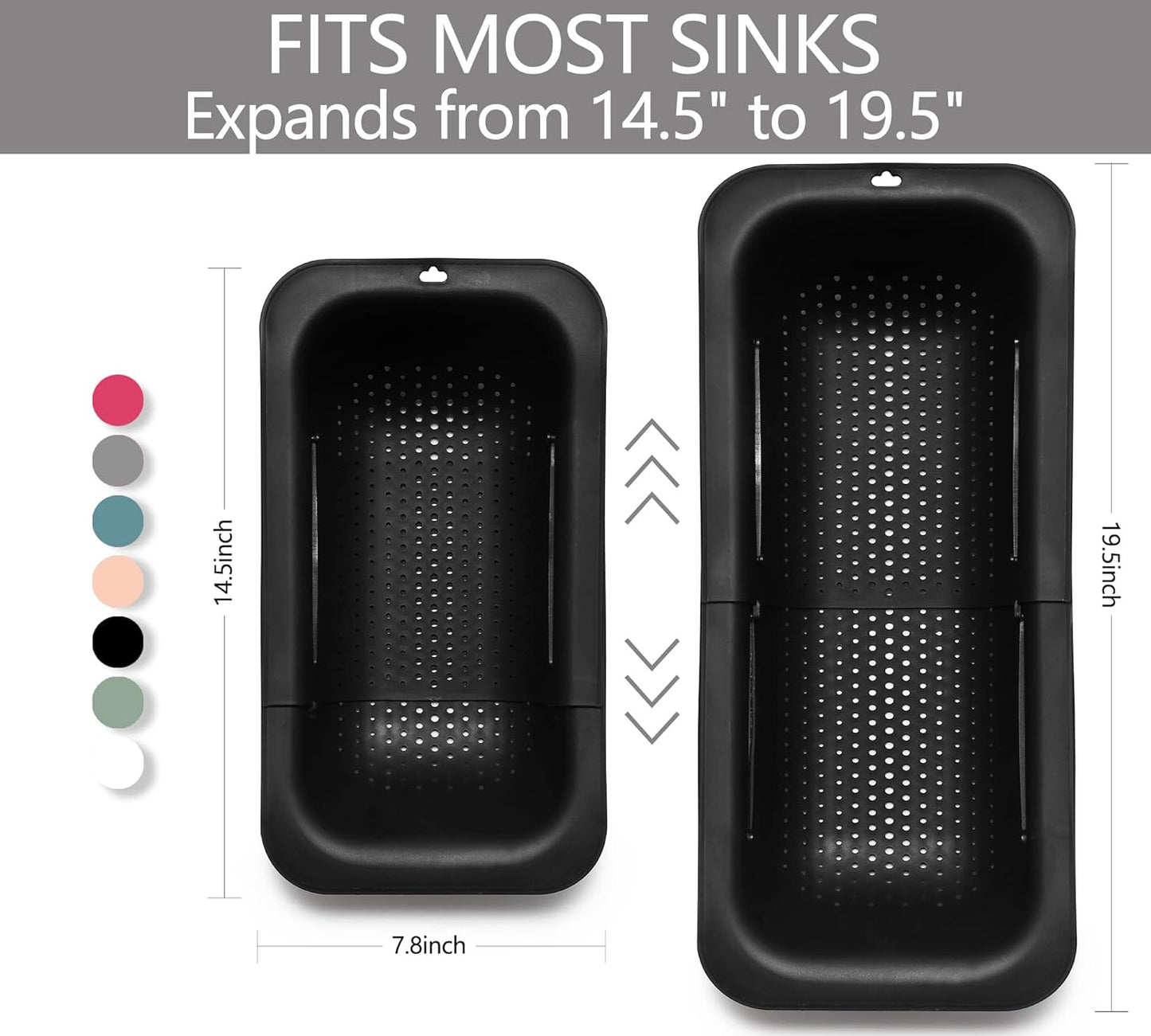 Adjustable Over the Sink Colander Strainer, Silicone Clip On Strainer for Pots Strainers and Colanders Plastic Drainer Basket for Food Pasta Vegetables Kitchen, Extendable 14.5"-19.5", Black