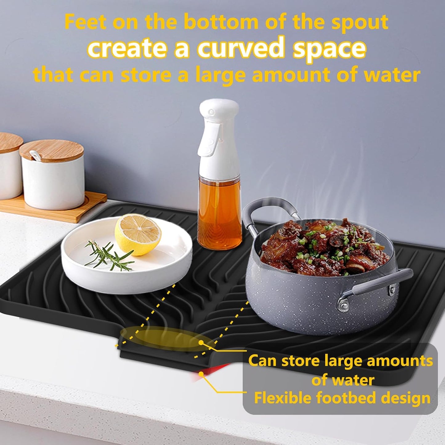 Silicone Drying Mat for Kitchen Counter,18"×12" Silicone Dish Drying Mat with Board Drain,Rubber Kitchen Counter Dry Matt for Dishes Drying Rack(black)