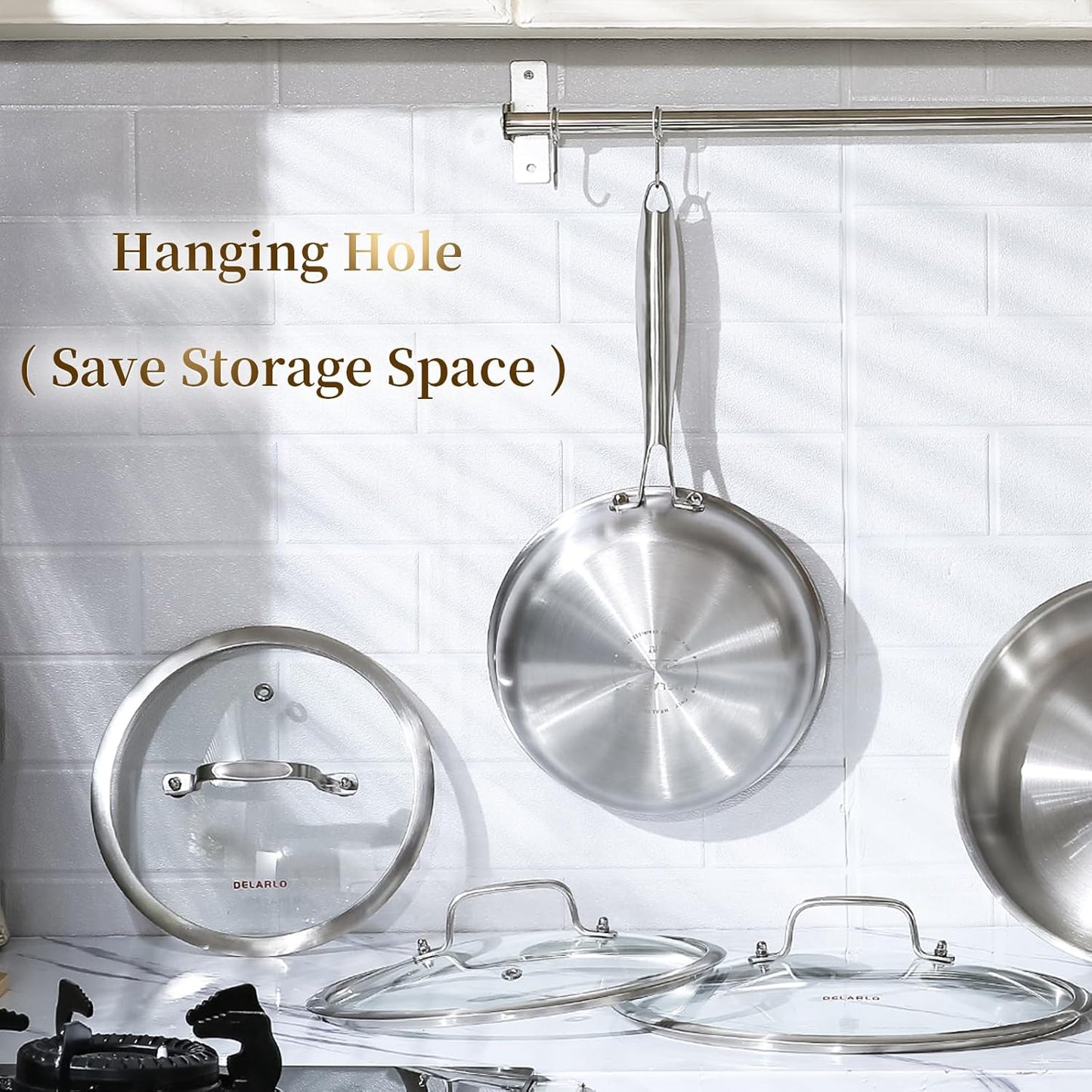 DELARLO Tri-ply Stainless Steel Frying Pan Set with Lid 10"12" Induction large Skillets Chef's Pan,Pots and Pans Set Kitchen Cookware Set Suitable for All Stove